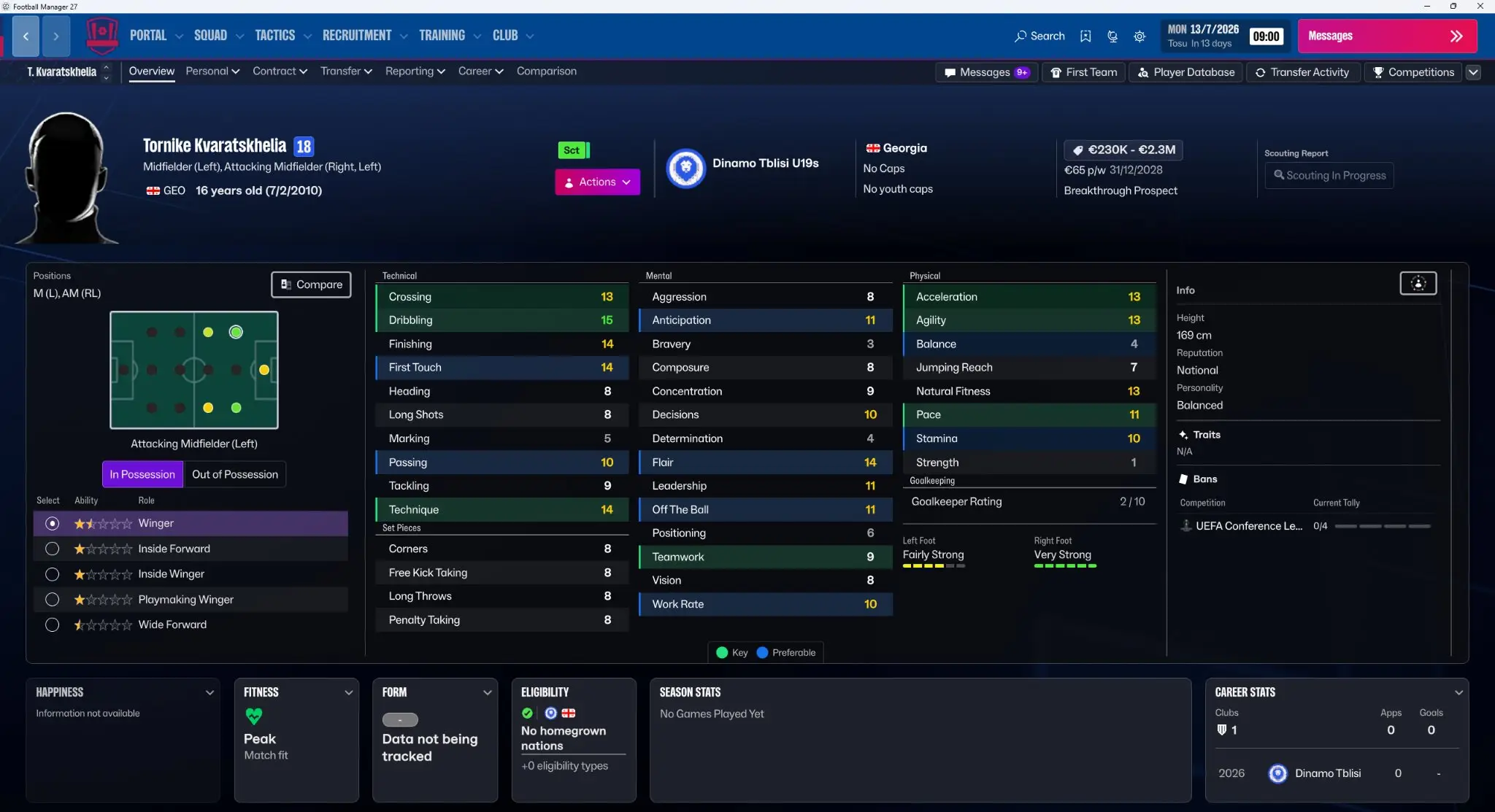 Tornike Kvaratskhelia's profile on Football Manager 27. Image credit: Sports Interactive - X/@Passion4FM