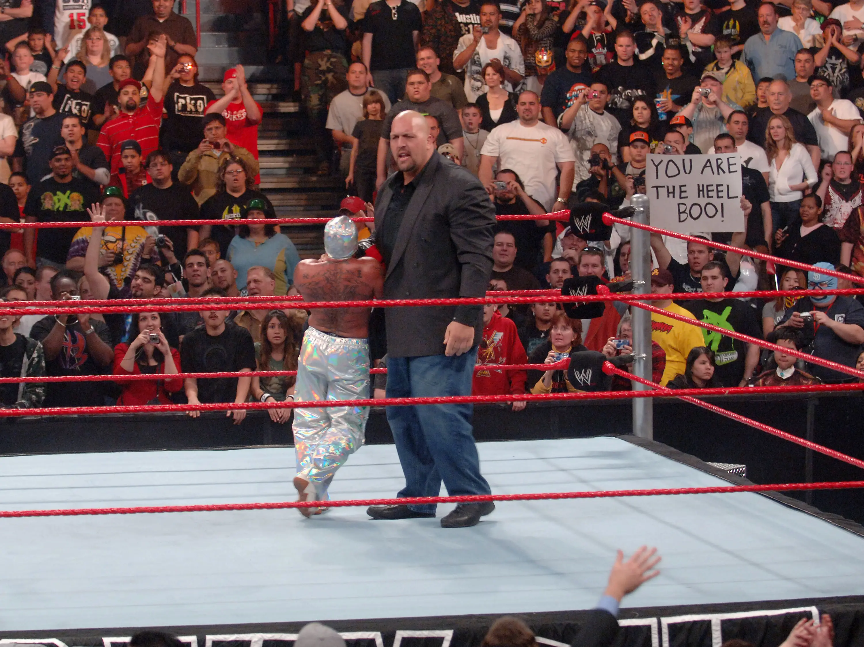  WWE Superstar Rey Mysterio and WWE Superstar Big Show face off at No Way Out at The Thomas and Mack Center on February 17, 2008  (Getty Images)