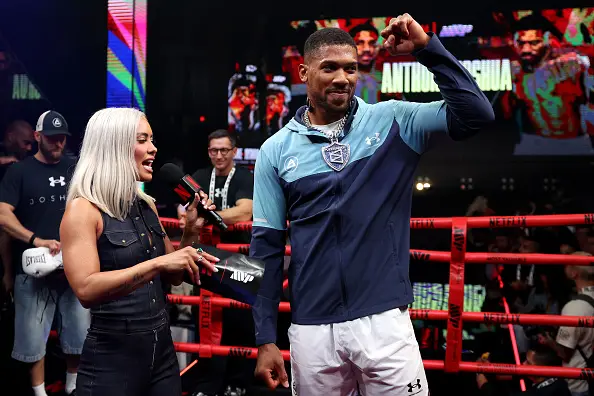 Anthony Joshua pictured at the open workouts ahead of his fight against Jake Paul (Image: Getty)