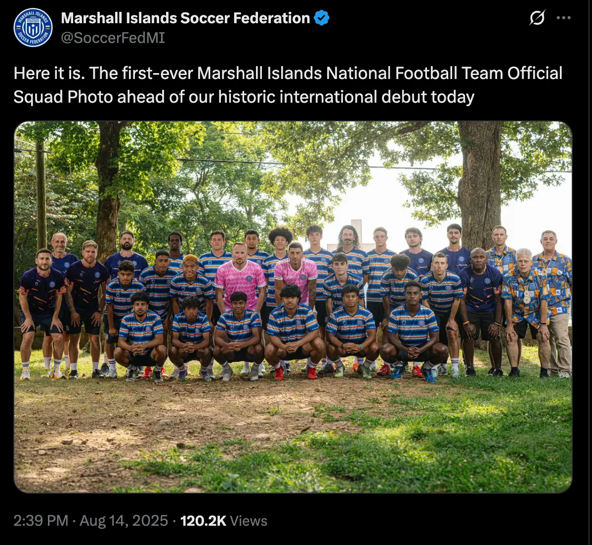 Marshall Islands players and staff pose for a team photo before their men's international debut (Image: Twitter/@SoccerFedMI)