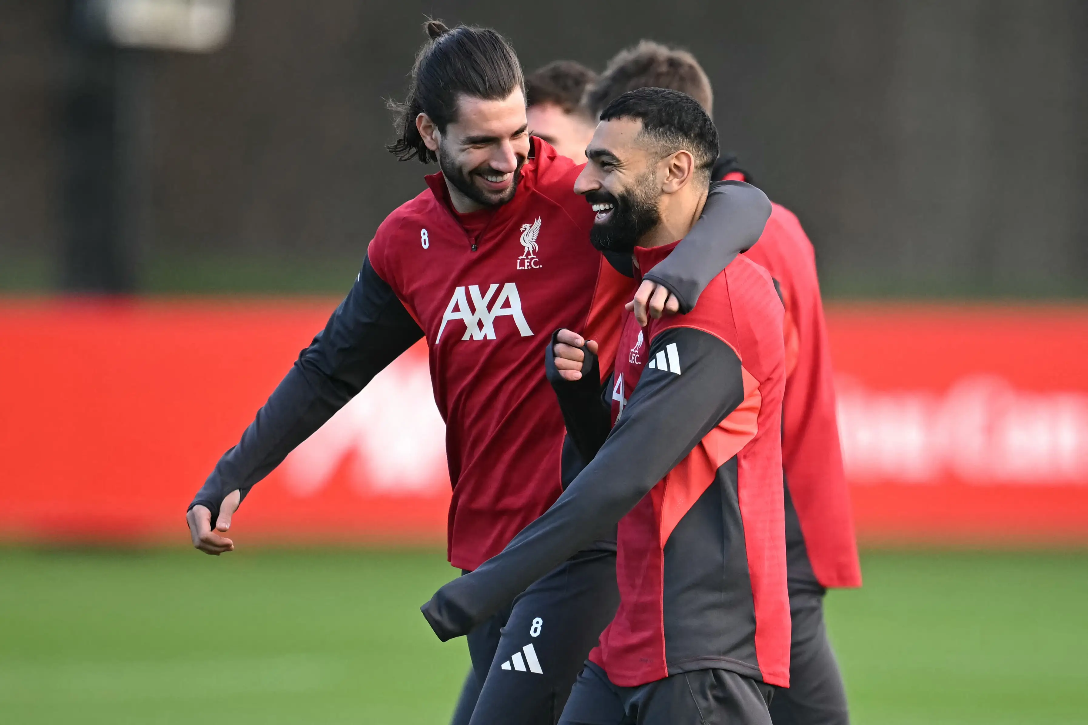Mohamed Salah laughed and joked with Dominik Szoboszlai in Monday's training session. Image: Getty