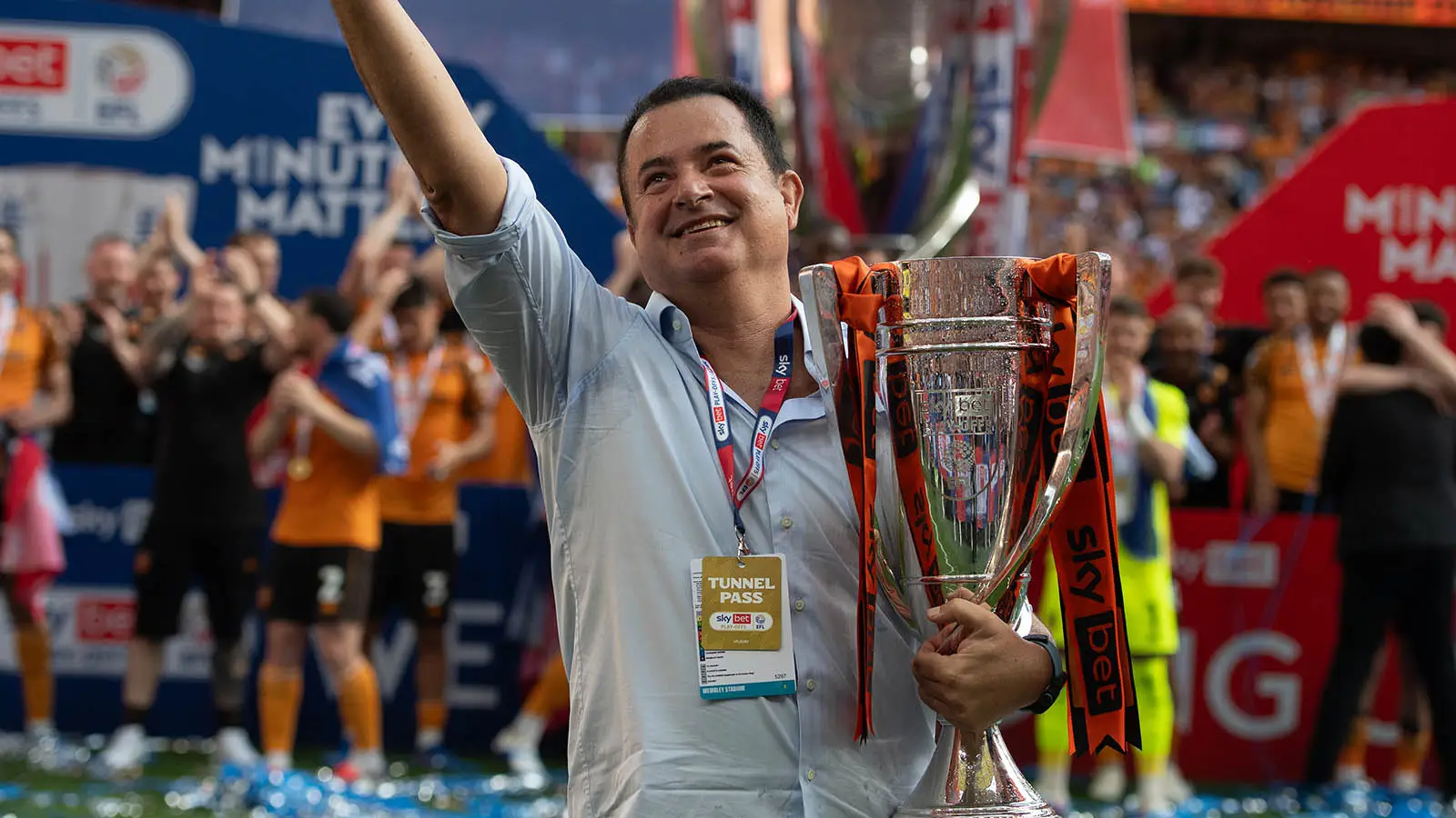 Acun Ilicali lifts the Championship play-off final trophy at Wembley (Image: Getty)