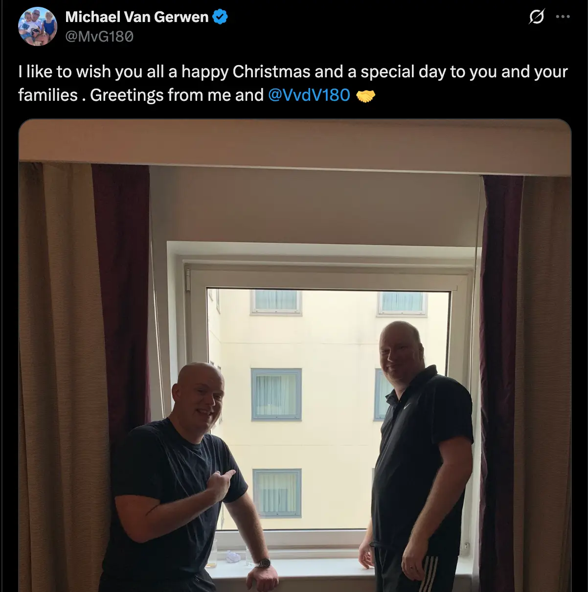 Van der Voort spent Christmas with Van Gerwen in 2020 during the COVID-19-impacted World Championship (Image: Twitter/@MVG180)