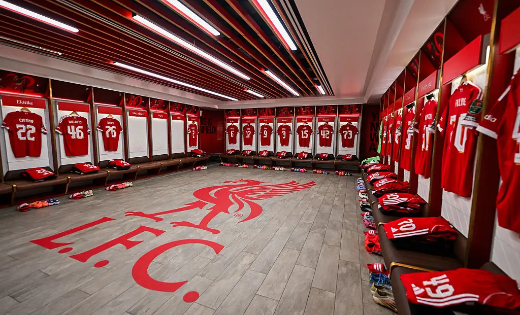 Liverpool's home dressing room proudly displays the shirts of the whole squad. (Image: Liverpool FC/Liverpool FC via Getty Images)
