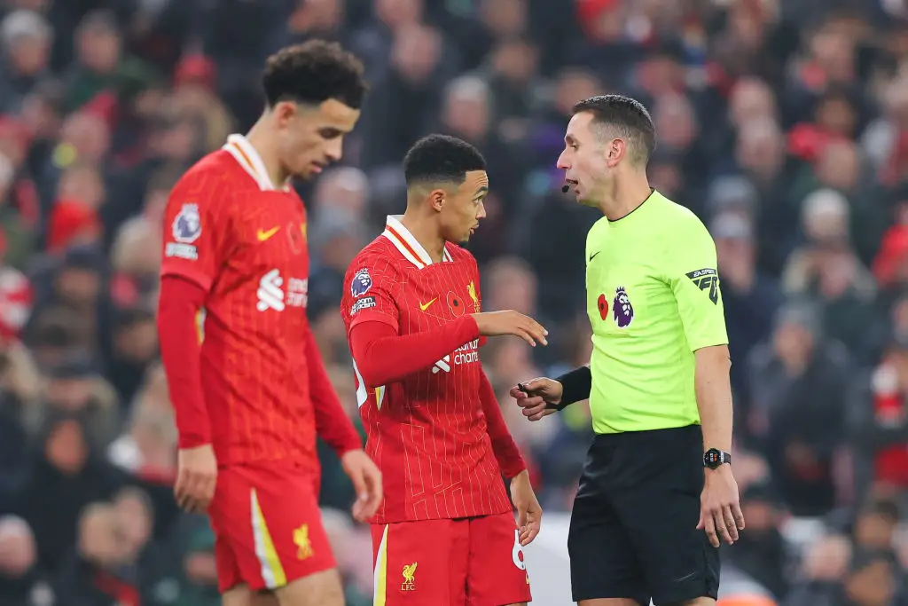 David Coote in conversation with Trent Alexander-Arnold during Liverpool's 2-0 win over Aston Villa - Getty