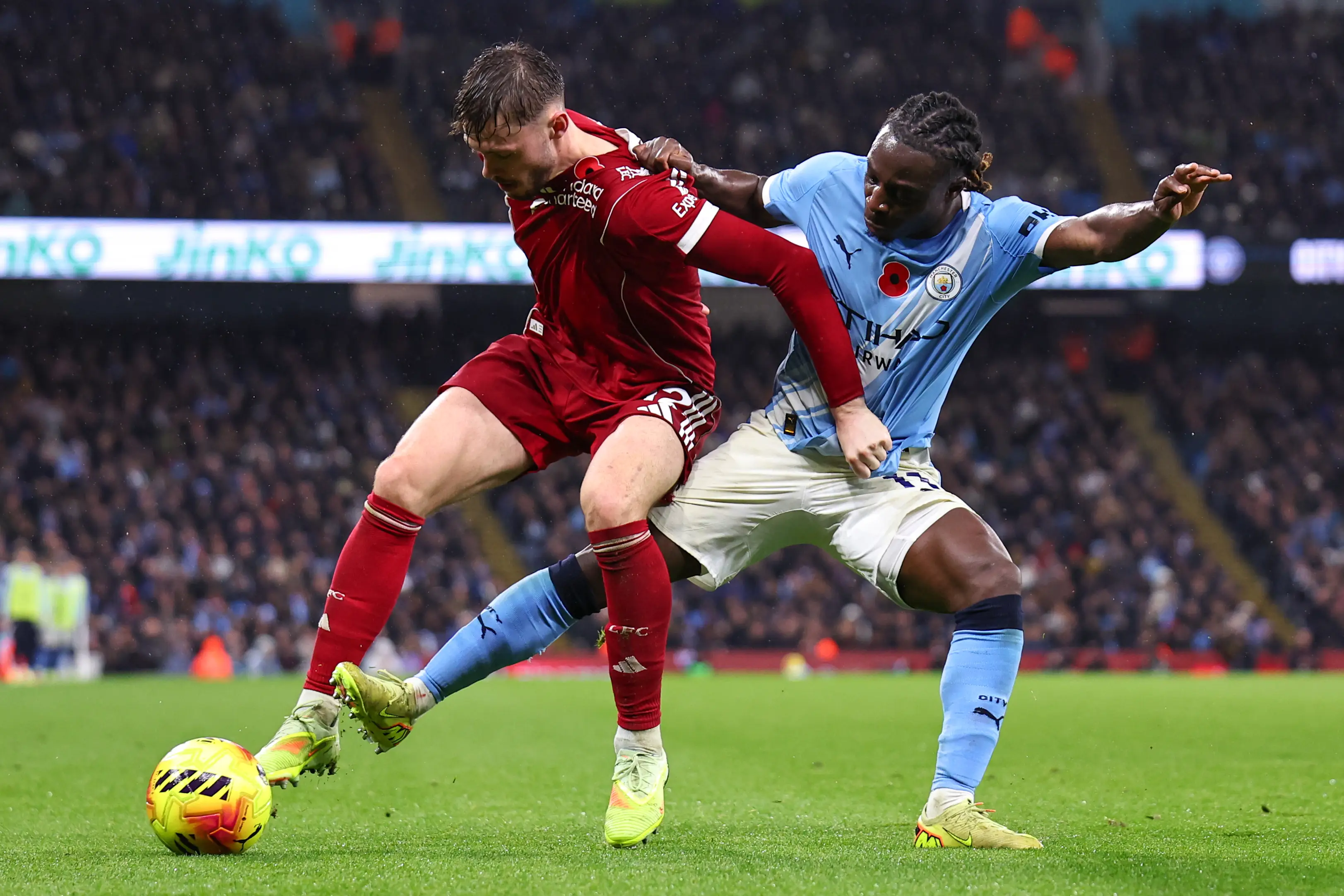 Jeremy Doku in action against Liverpool last weekend. Image: Getty