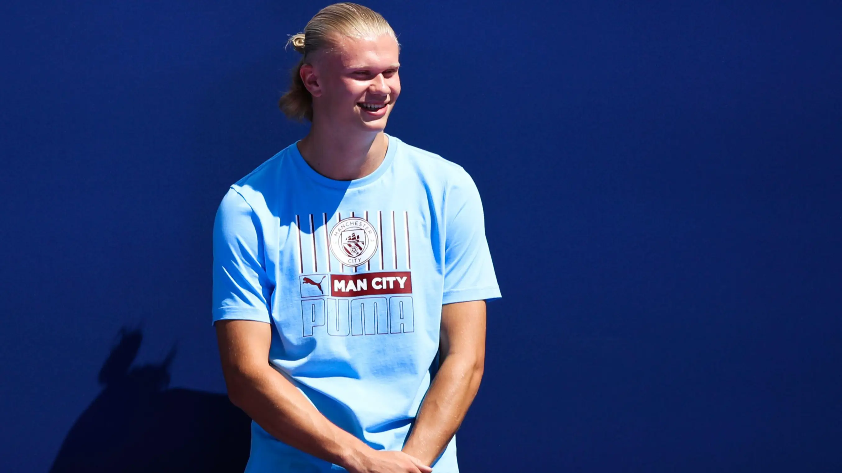 Manchester City's Erling Haaland pictured during the fans presentation of their new signings at the at the Etihad Stadium.