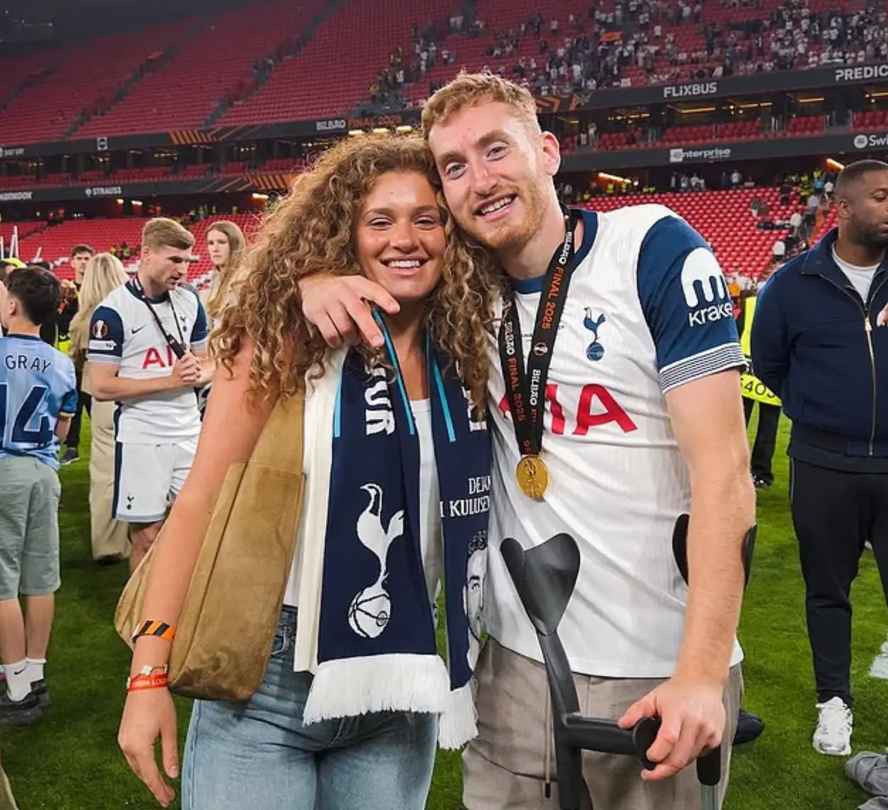 Sandra and Dejan Kulusevski celebrate Tottenham's Europa League triumph last season. Image: Instagram  