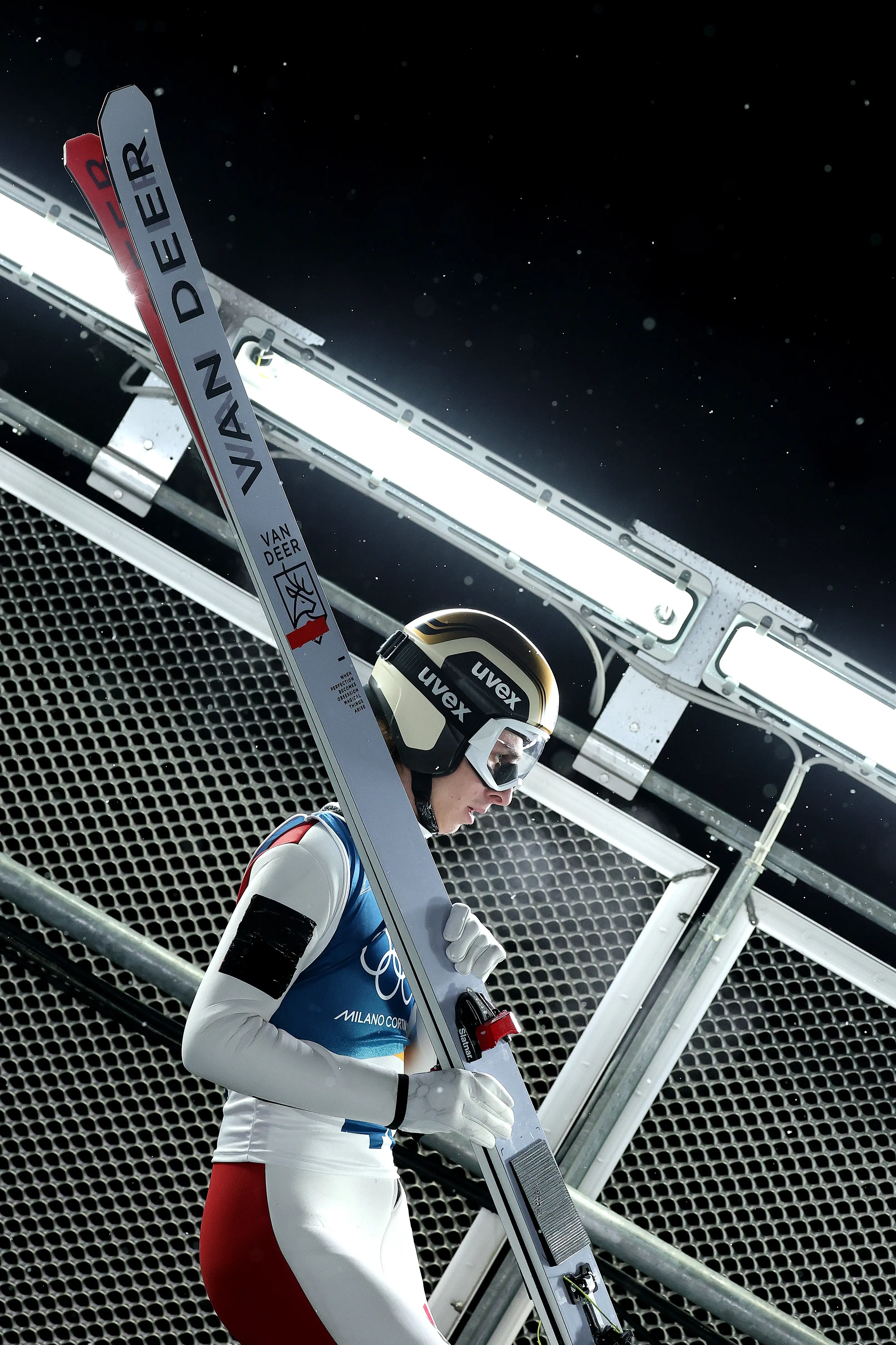 Daniel Tschofenig of Team Austria prepares to jump during the Men's Large Hill Individual Trial Round. Image credit: Getty