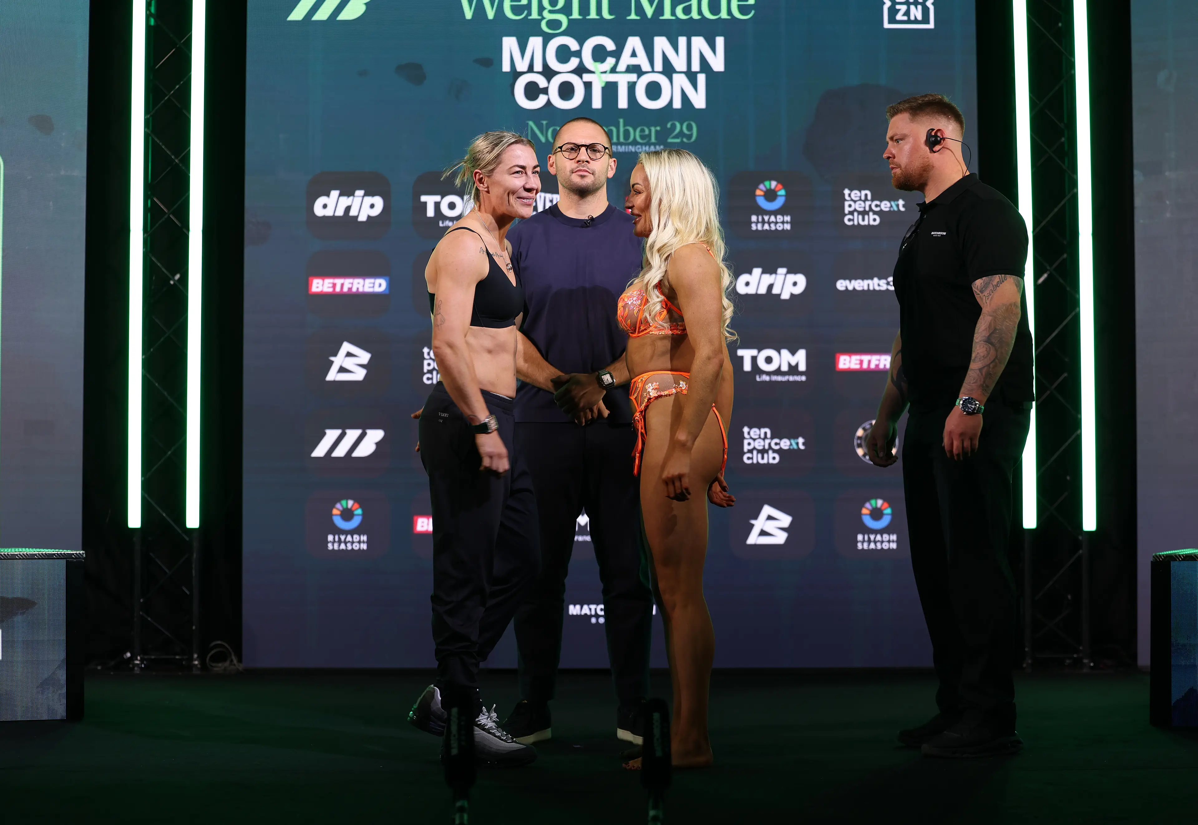 Molly McCann and Ebonie Cotton go head-to-head at the ceremonial weigh-ins. Image: Getty 