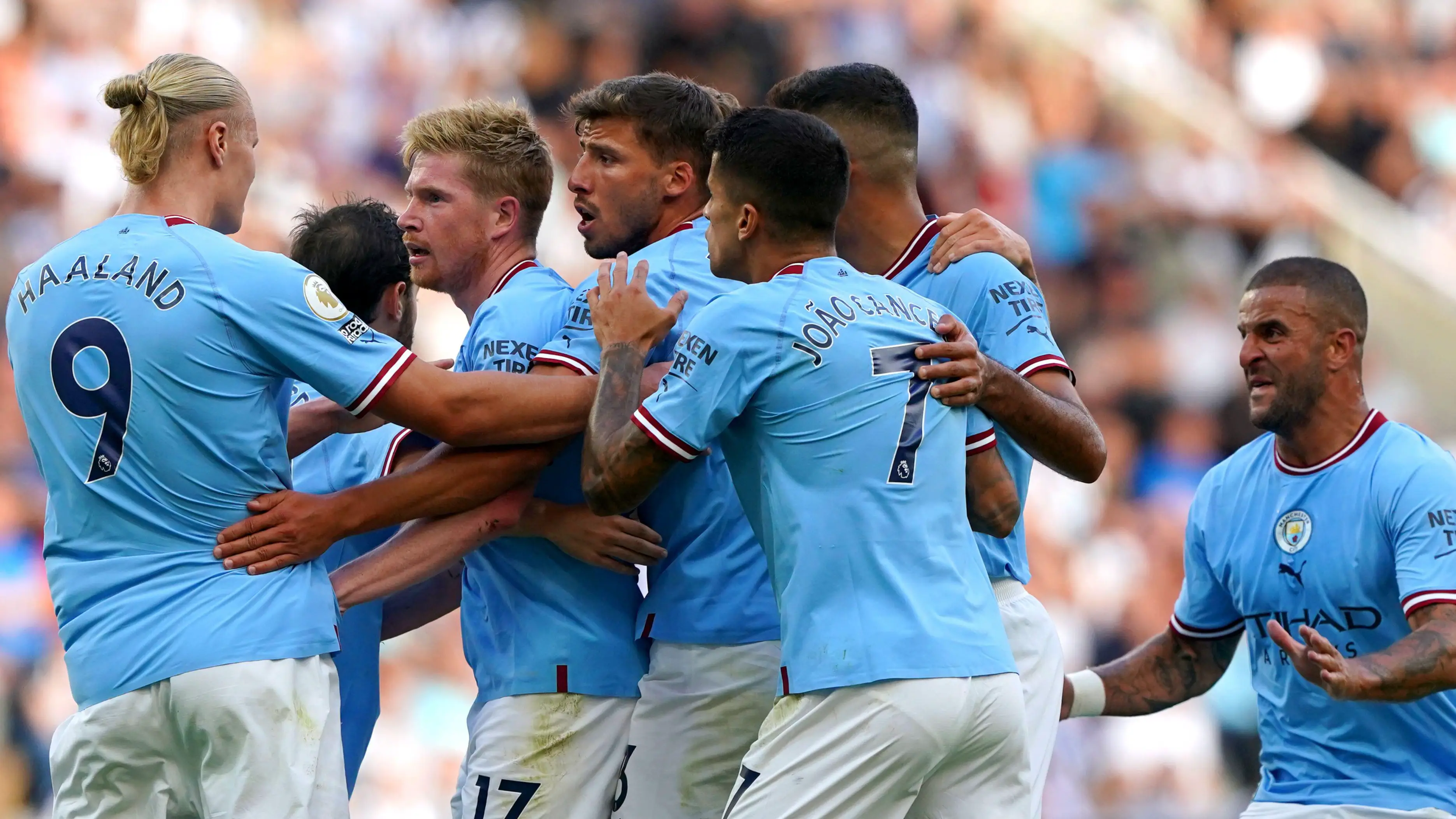Manchester City players celebrate after Bernardo Silva scores (Image: PA Images/Alamy)
