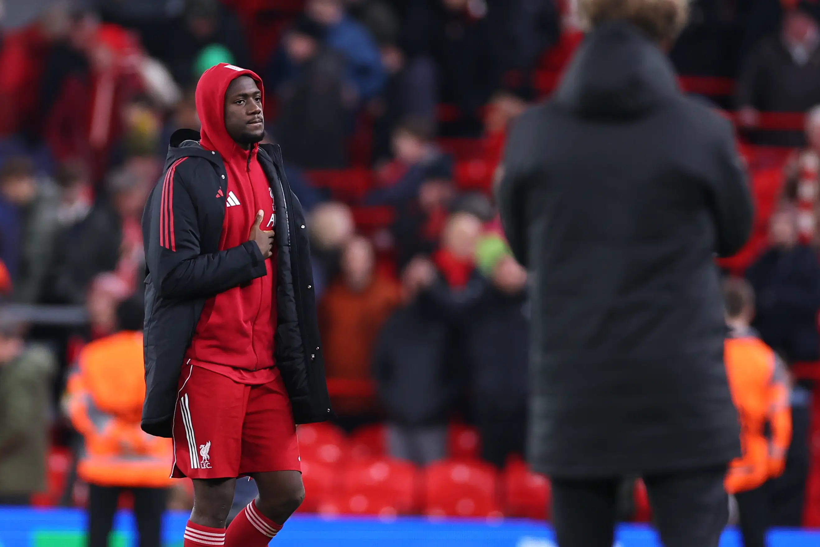 Ibrahima Konate cuts a dejected figure after Liverpool's defeat to PSV Eindhoven. Image: Getty 