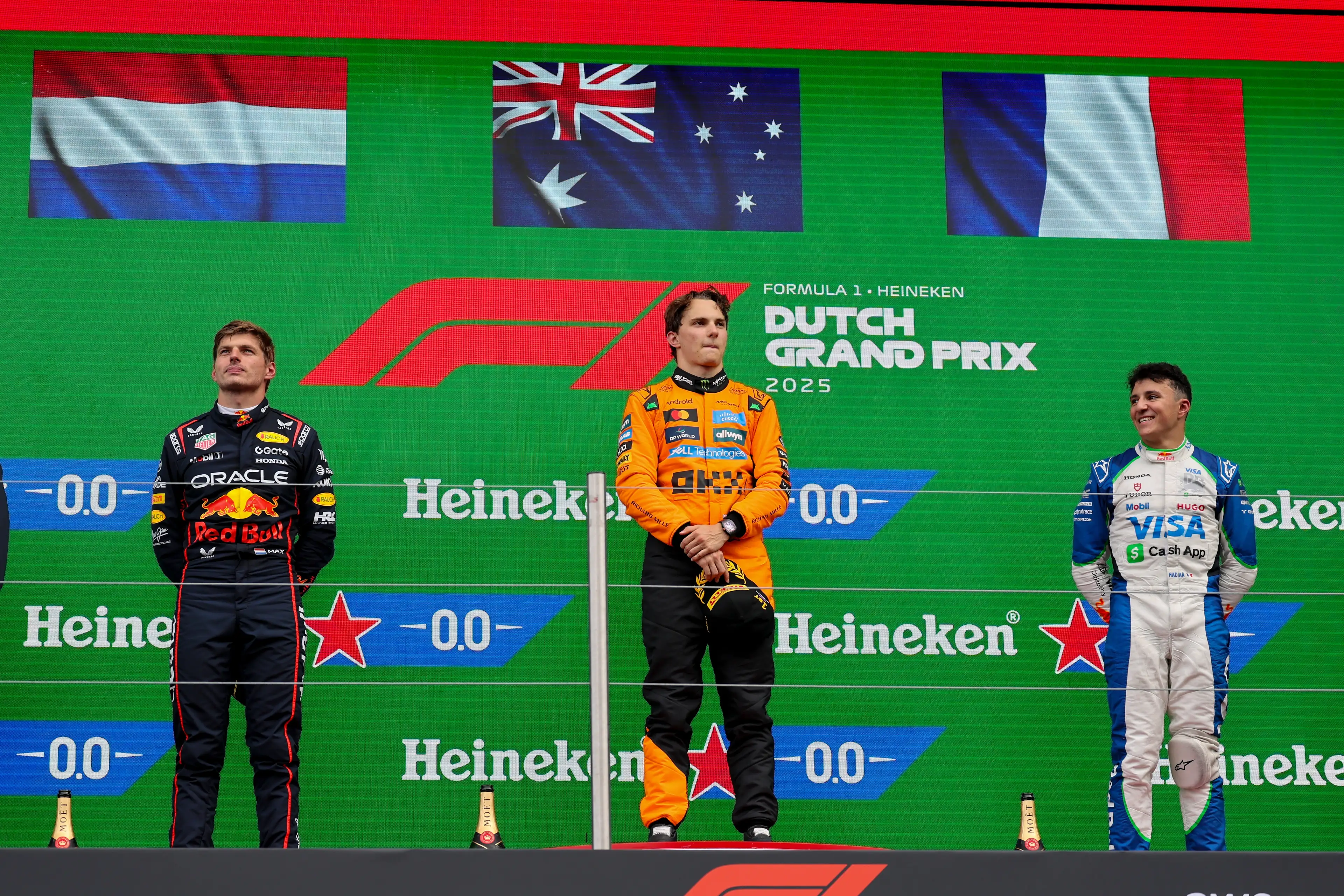 Max Verstappen and Isack Hadjar share the Dutch GP podium. Image: NurPhoto / Contributor via Getty