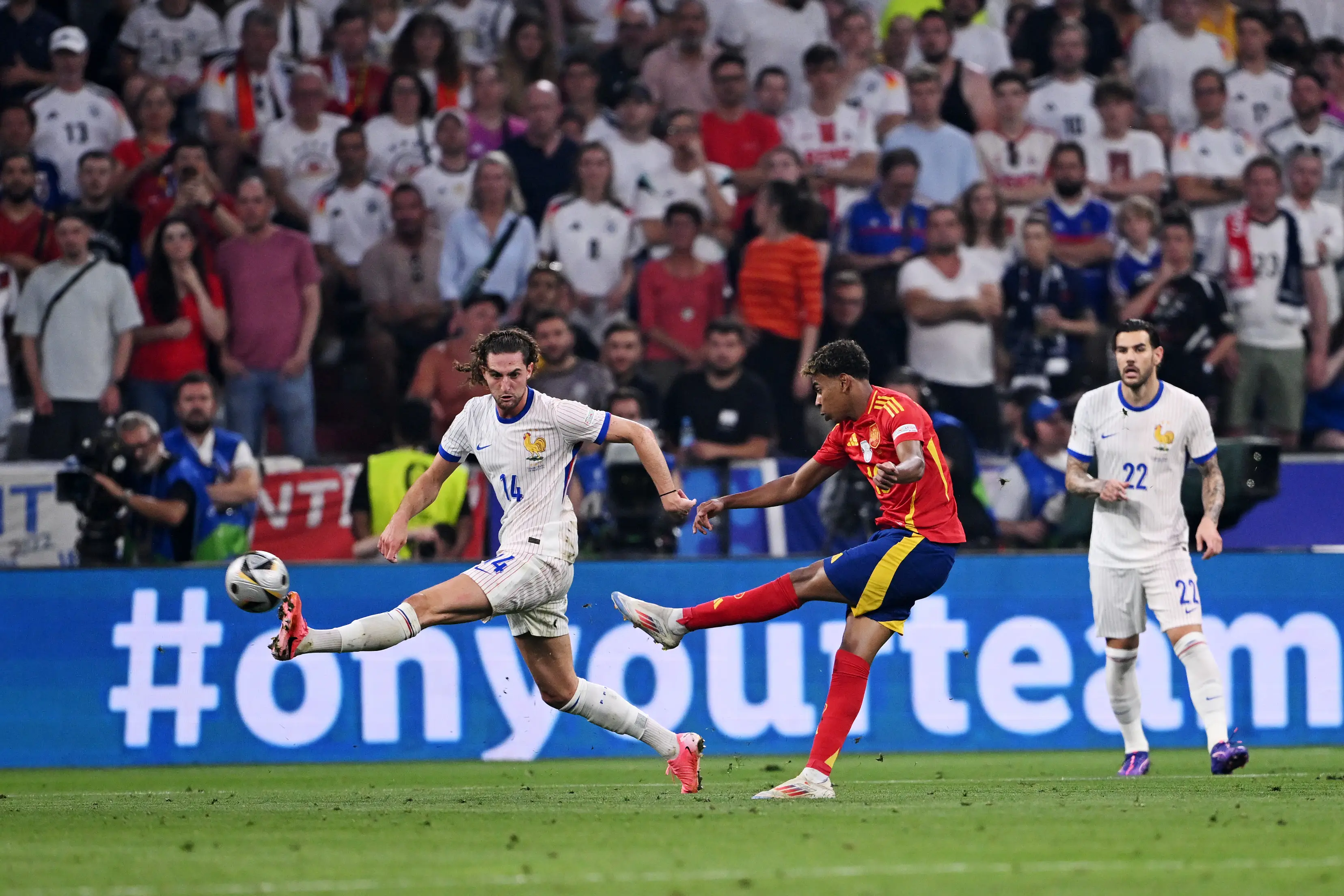 Lamine Yamal scores a stunning strike against France after being taunted by Adrien Rabiot. Image: Getty