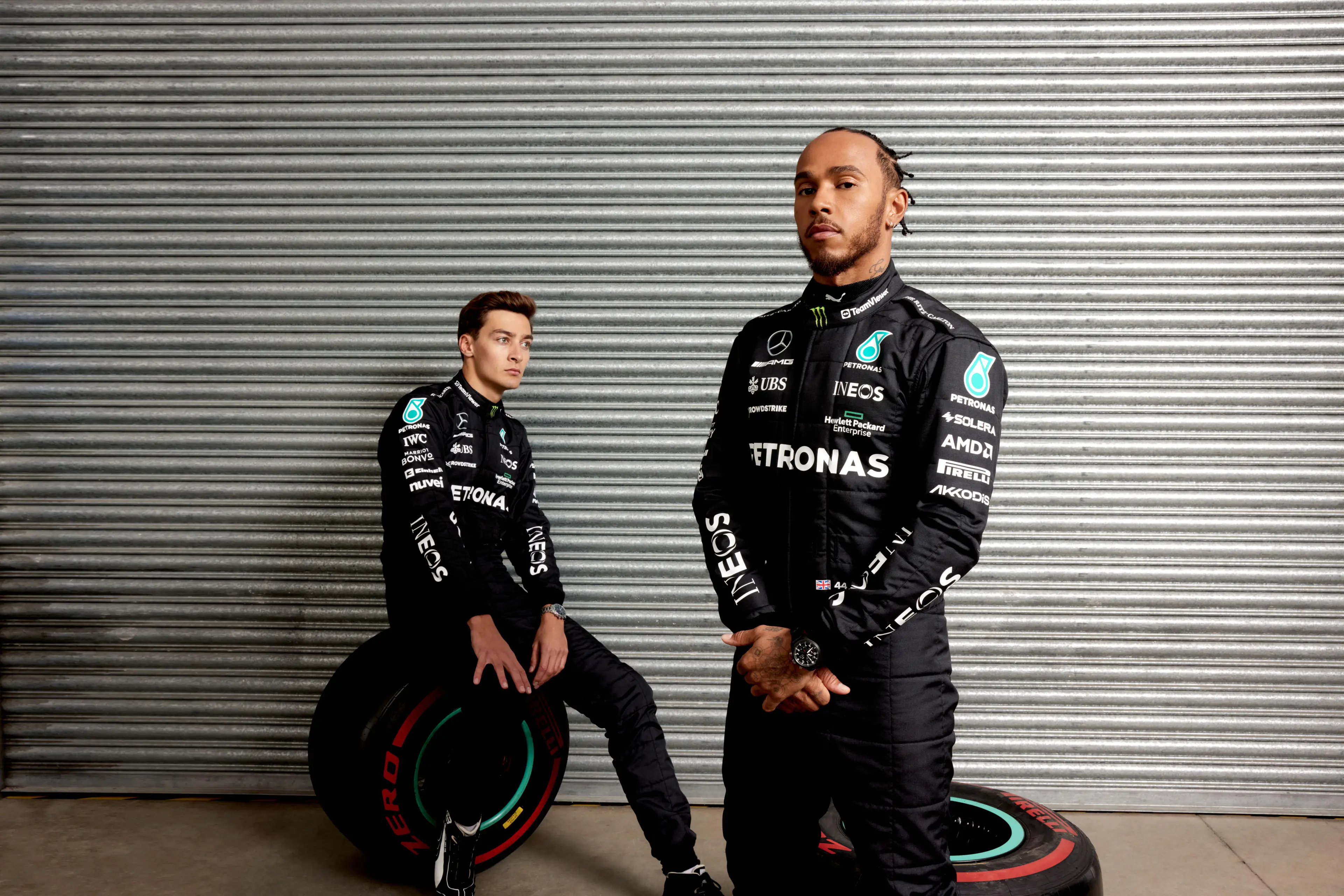 Lewis Hamilton with Mercedes teammate George Russell. Image: Alamy
