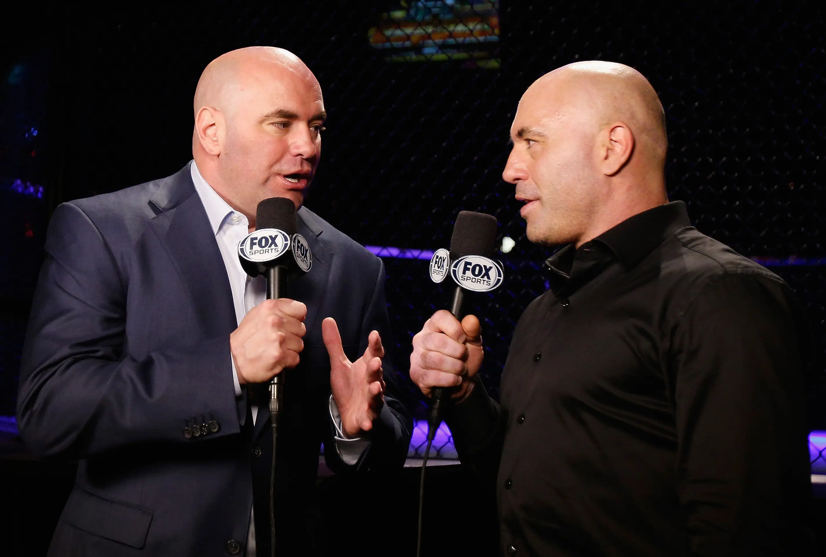 Dana White and Joe Rogan speak on the broadcast before a UFC event. Image: Getty