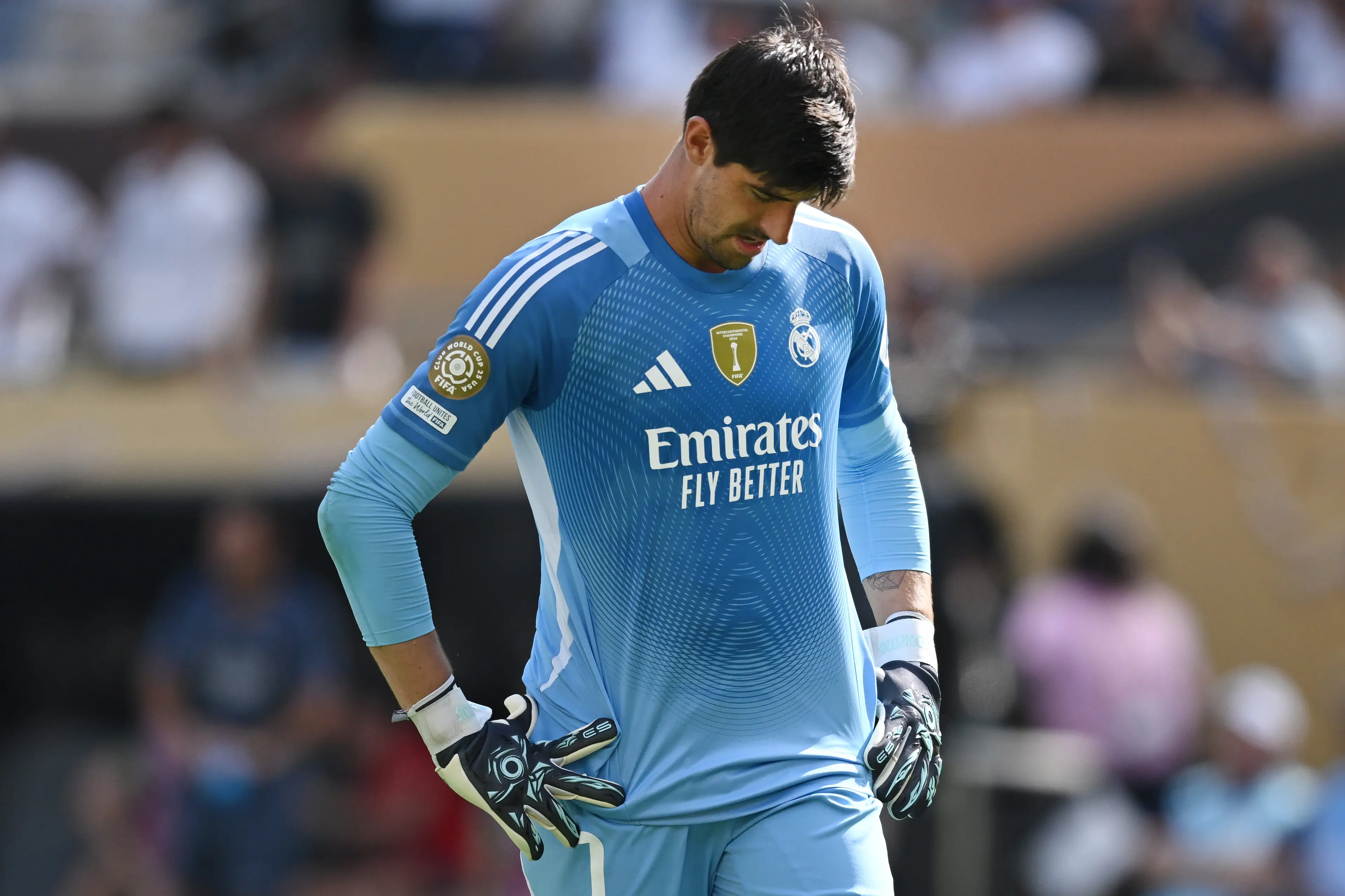Thibaut Courtois was critical of his Real Madrid teammates following their defeat to Paris Saint-Germain. Image: Getty 