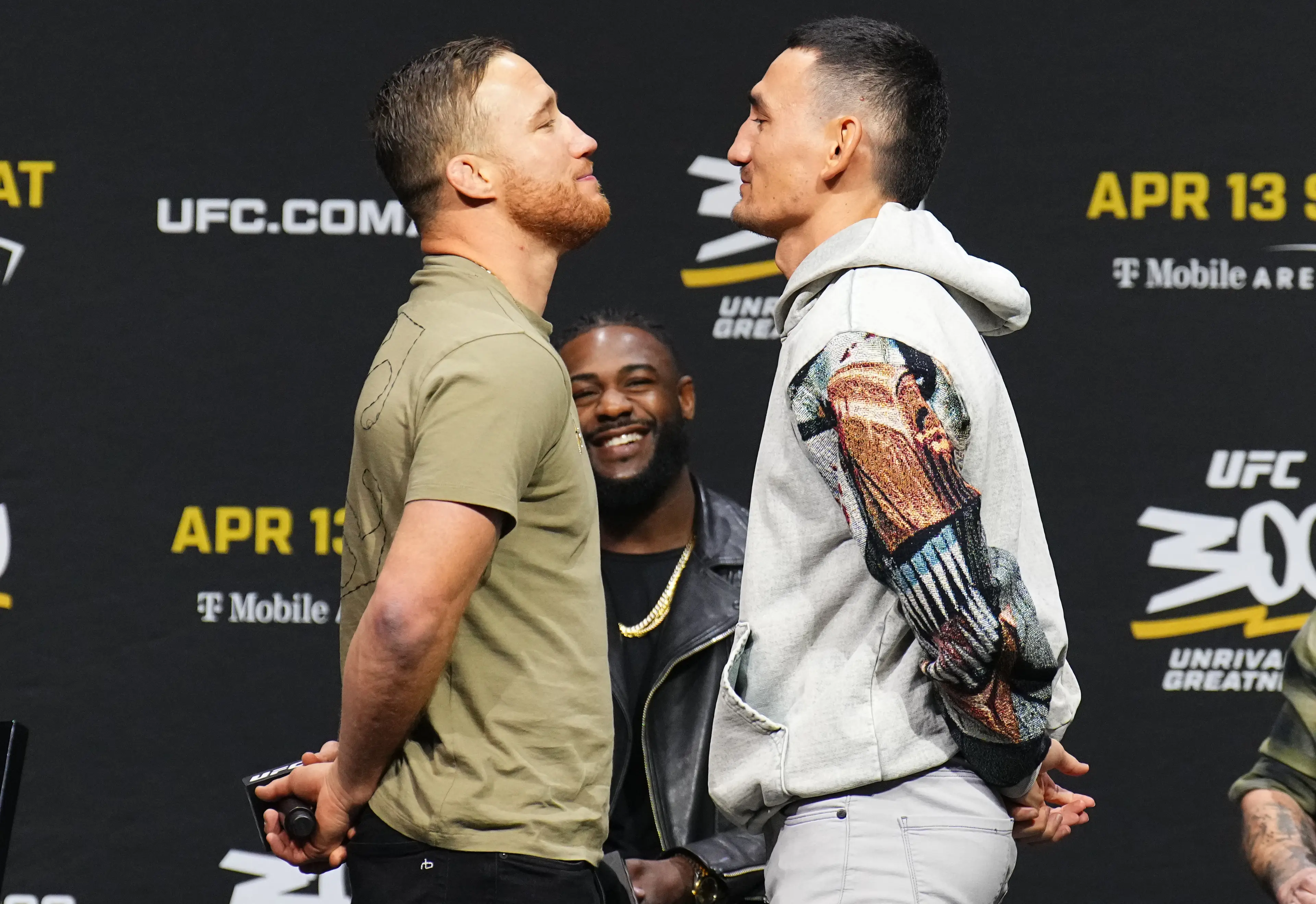 Justin Gaethje and Max Holloway face off ahead of their fight at UFC 300. Image: Getty