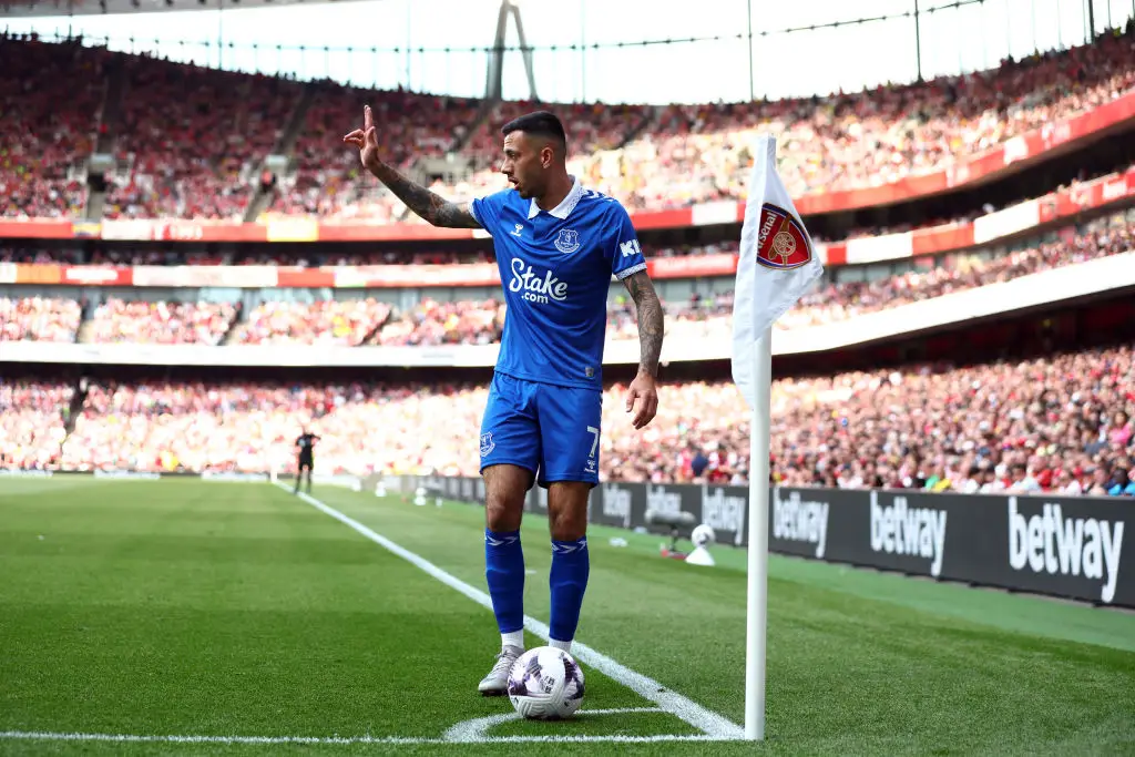 Everton's Dwight McNeil signals before taking a corner against Arsenal (Image: Getty)