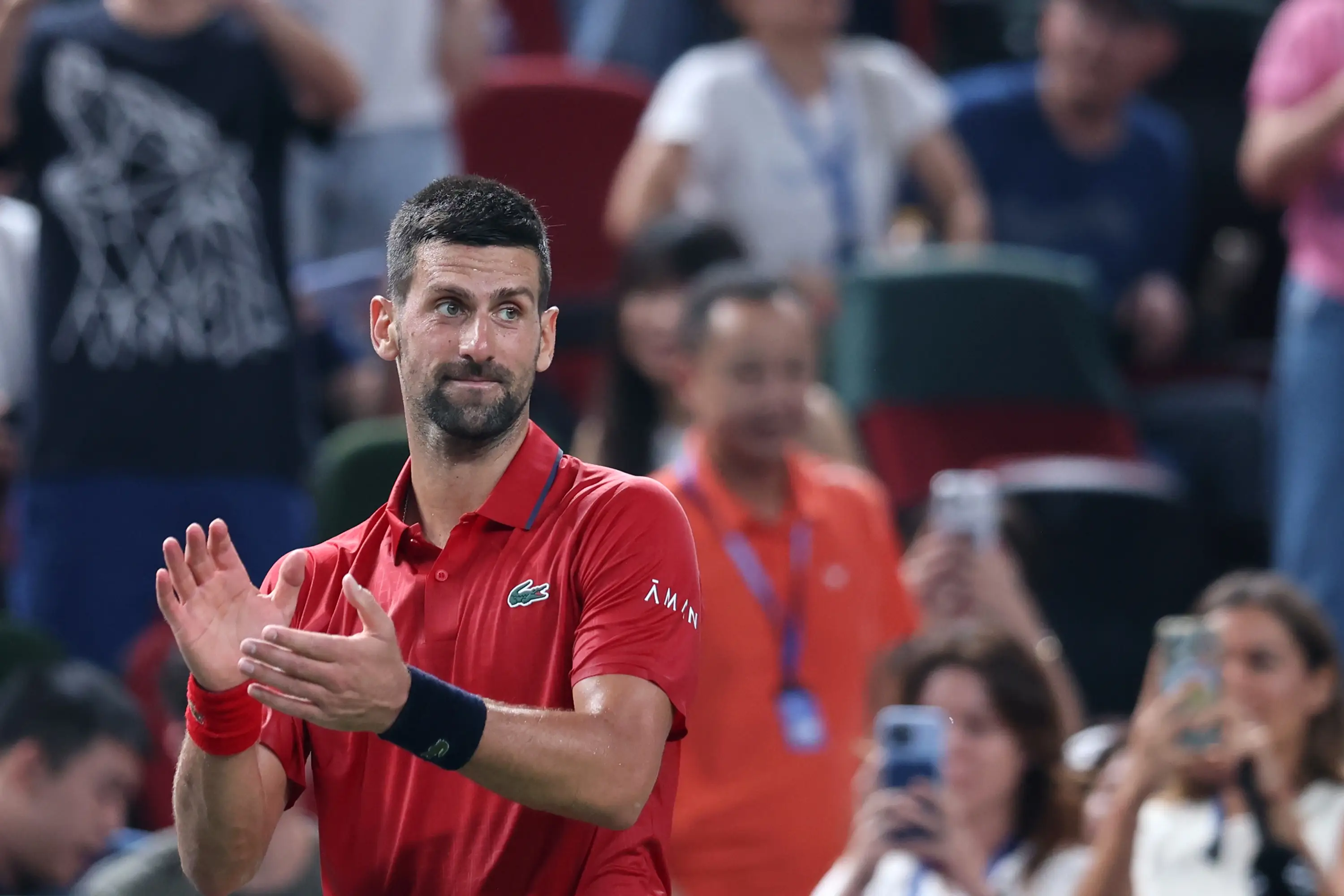 Novak Djokovic celebrates in Shanghai. Image: Hu Chengwei / Stringer via Getty