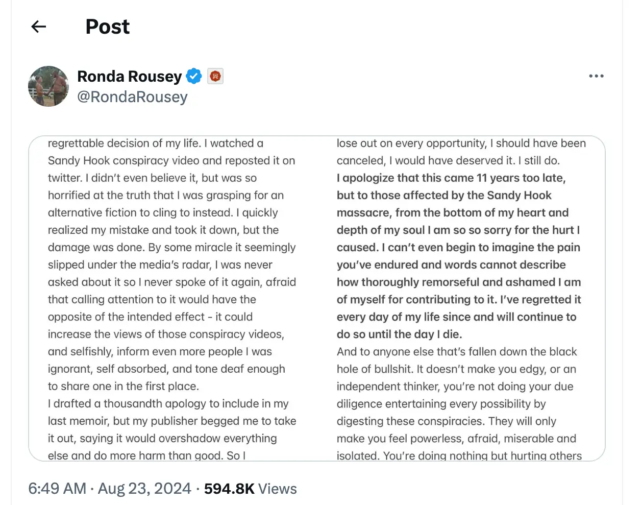 Ronda Rousey shared the apology to her 3.2million followers on X. (Image: @RondaRousey)