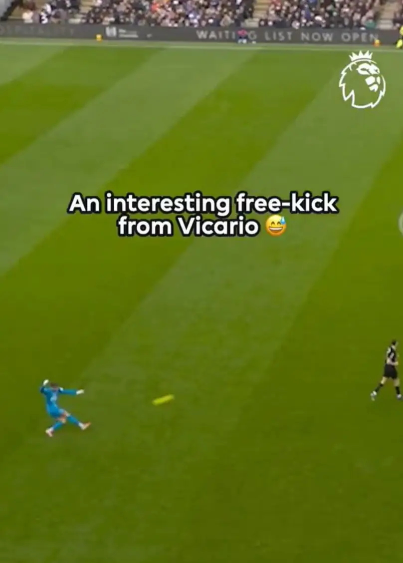 Vicario kicked the ball out of play from a free-kick. Image credit: Premier League