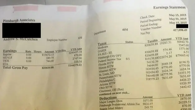 Pittsburgh Pirates outfielder Andrew McCutchen's leaked payslip