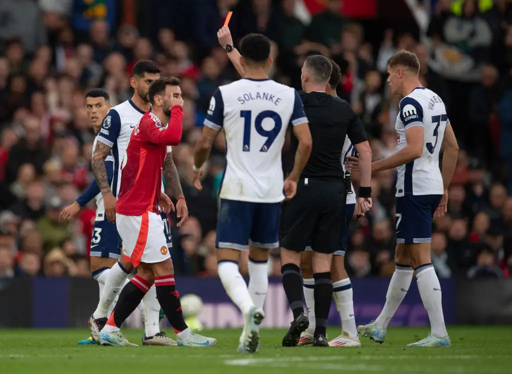 Bruno Fernandes was shown a straight red card by referee Chris Kavanagh -