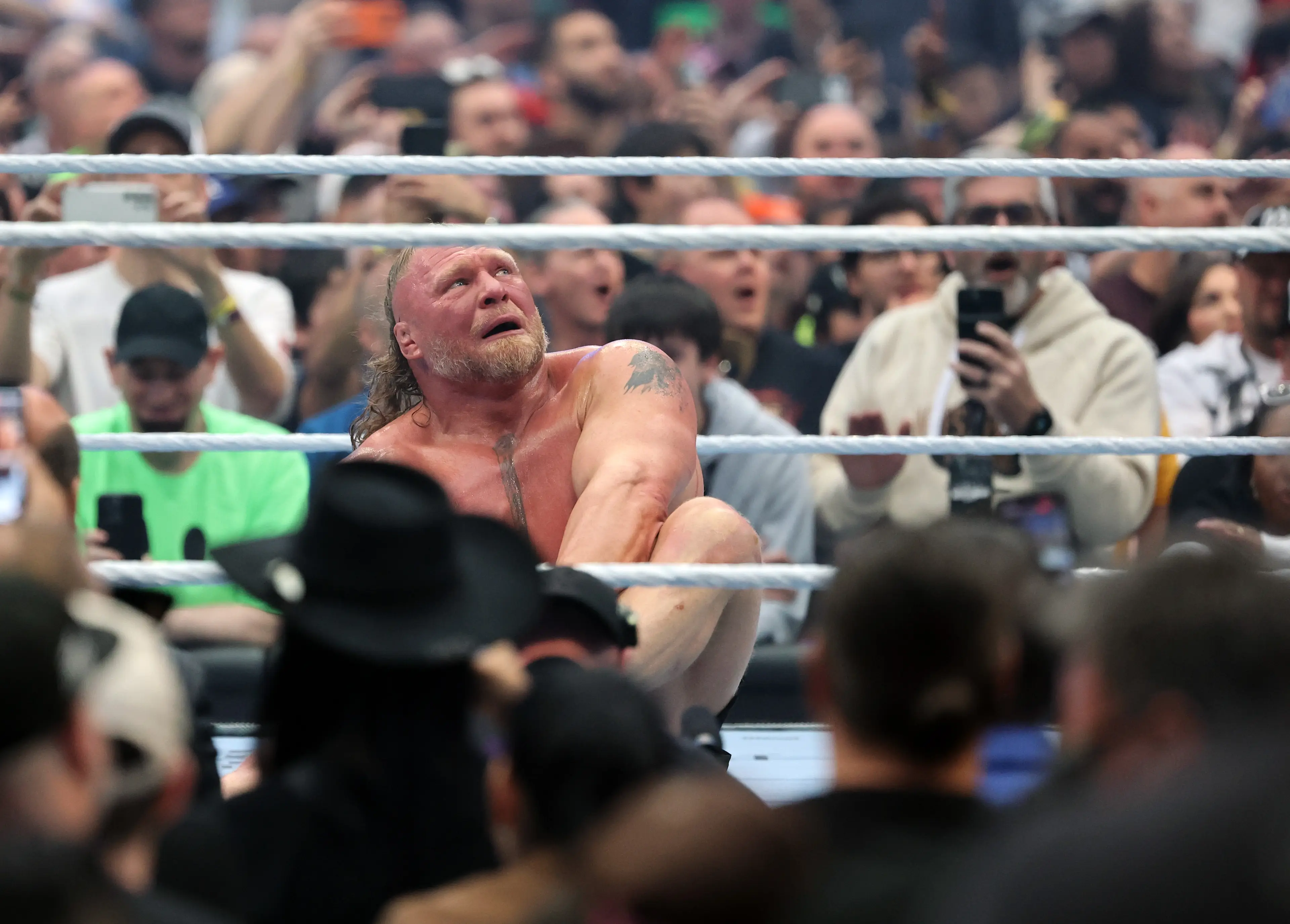 Brock Lesnar was beaten by Oba Femi at WrestleMani 42. Image: Getty