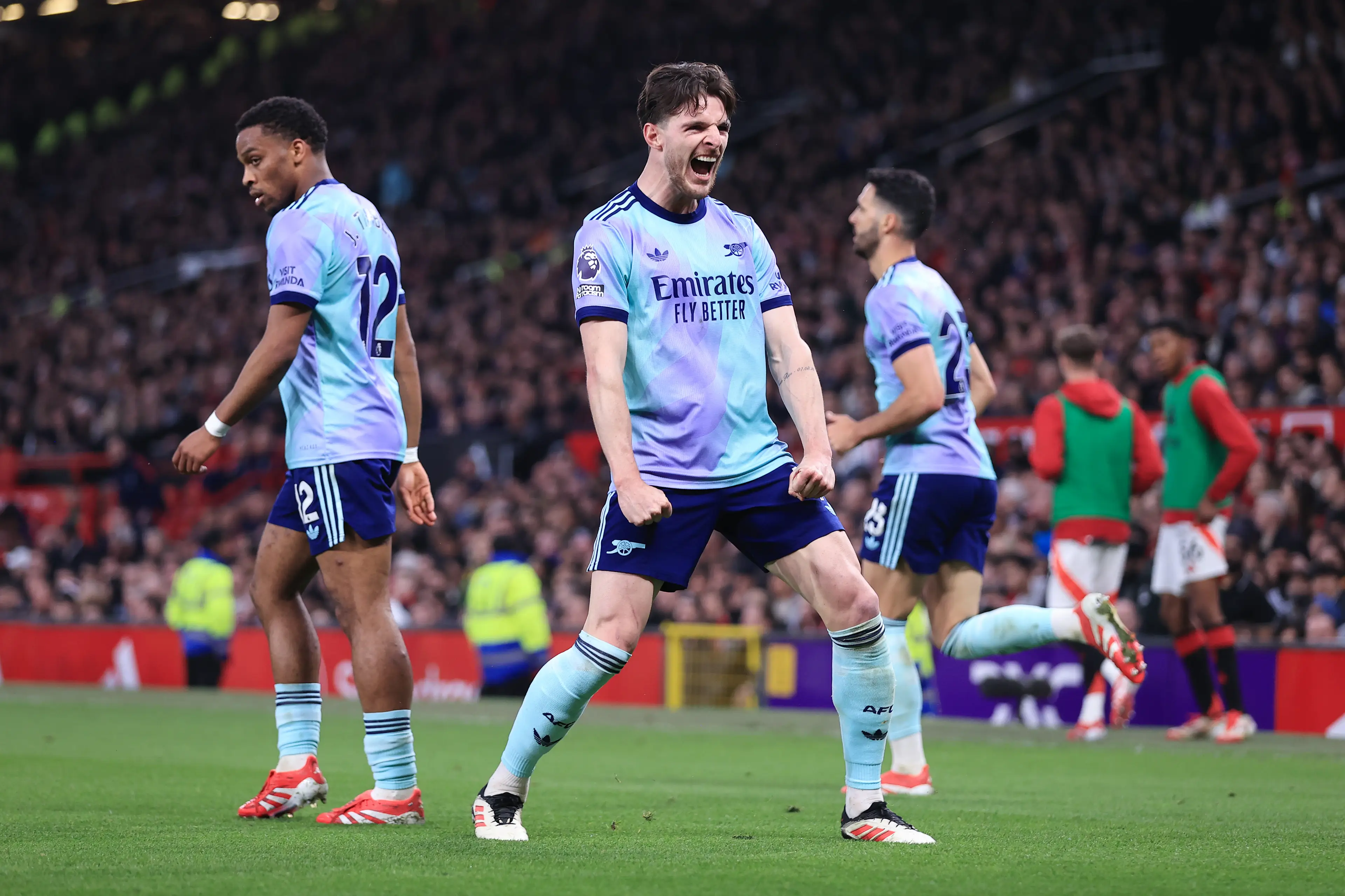Declan Rice celebrates scoring against Manchester United. Image: Getty