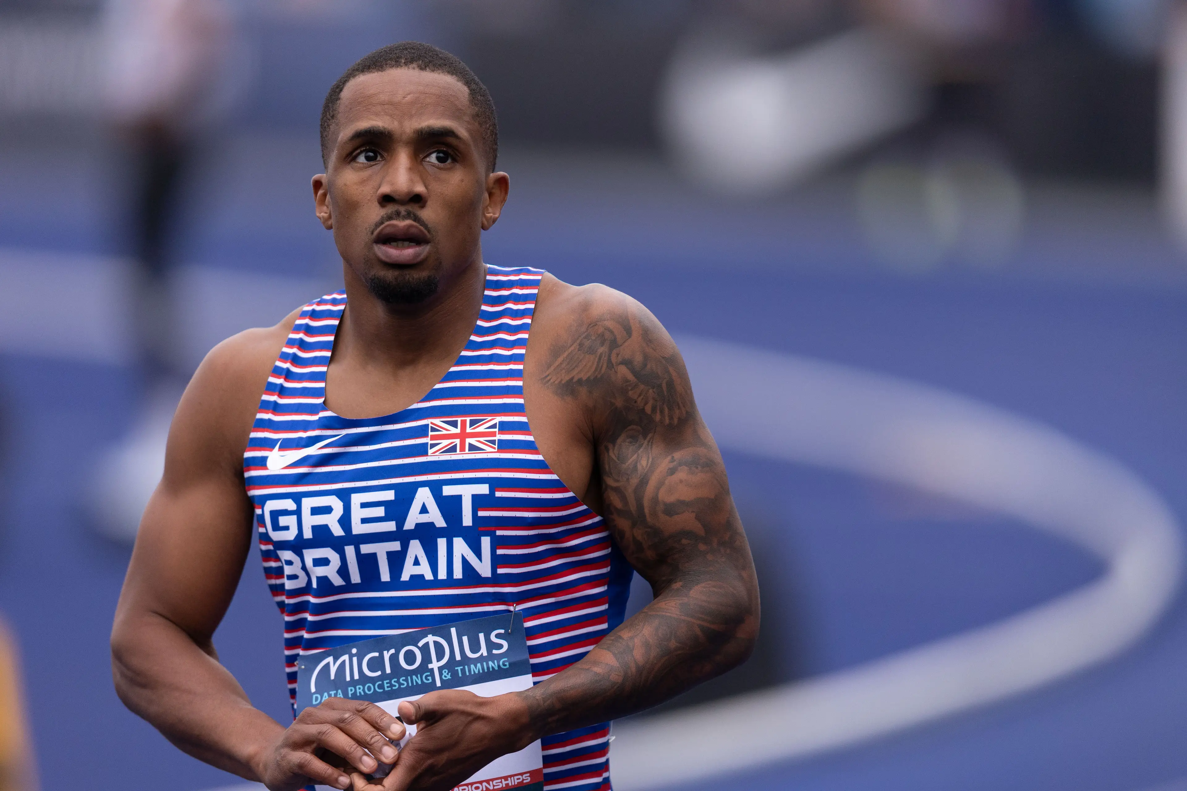 CJ Ujah is winning his 100m semi-final during the Microplus UK Athletics Championships at the Manchester Regional Arena in Manchester (Getty Images)