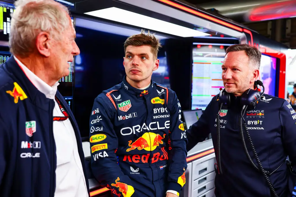 Red Bull director Helmut Marko, driver Max Verstappen and team principal Christian Horner pictured -