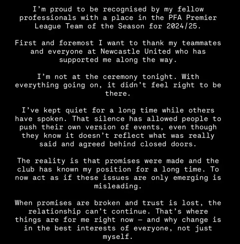 Alexander Isak's public statement on social media (Image: Instagram/@alex_isak)