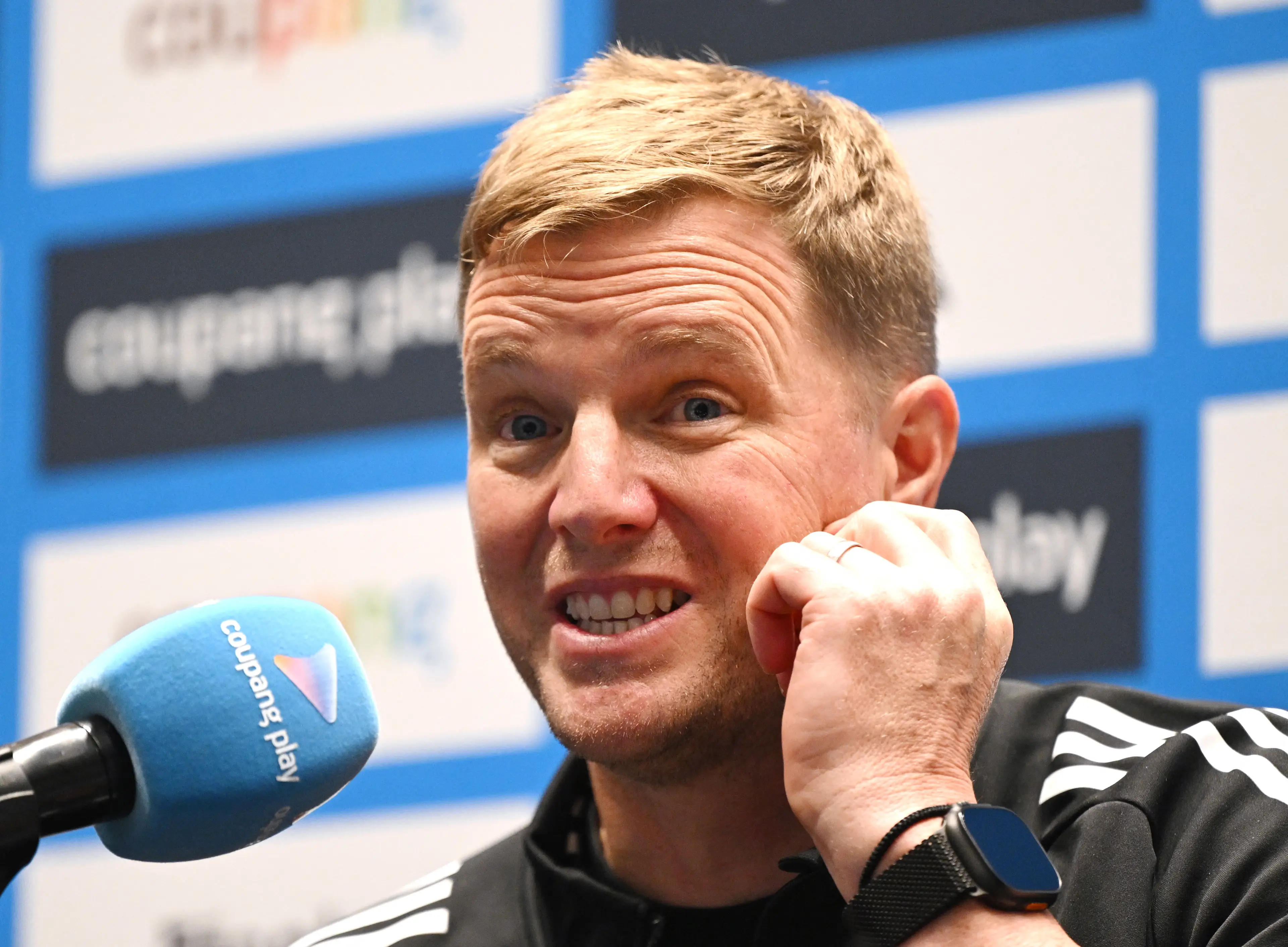 Eddie Howe speaks during a pre-match press conference in South Korea. Image: Getty