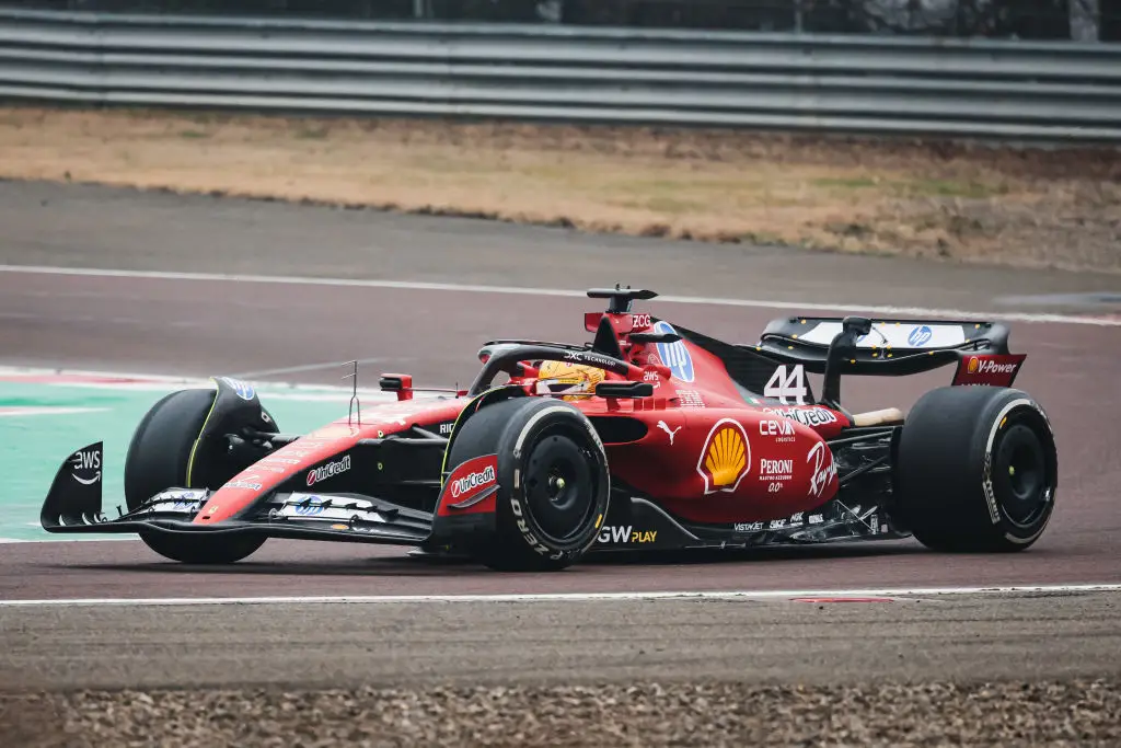 Lewis Hamilton drives the Ferrari SF-23 around the Fiorano test track in Maranello (Image: Getty)
