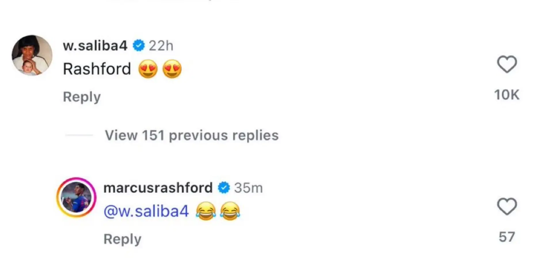 Marcus Rashford responds to Saliba's comment. Image credit: Instagram