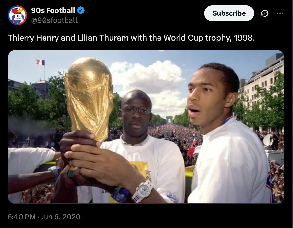 Henry and Thuram won the World Cup together in 1998 (Twitter)