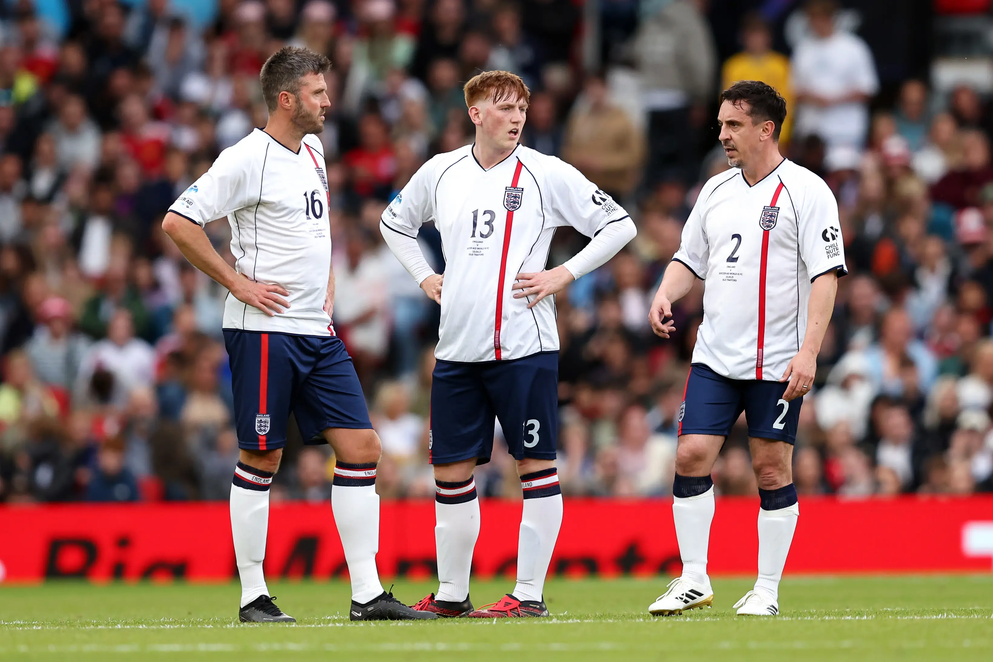 AngryGinge at Soccer Aid alongside Michael Carrick and Gary Neville. Image credit: Getty