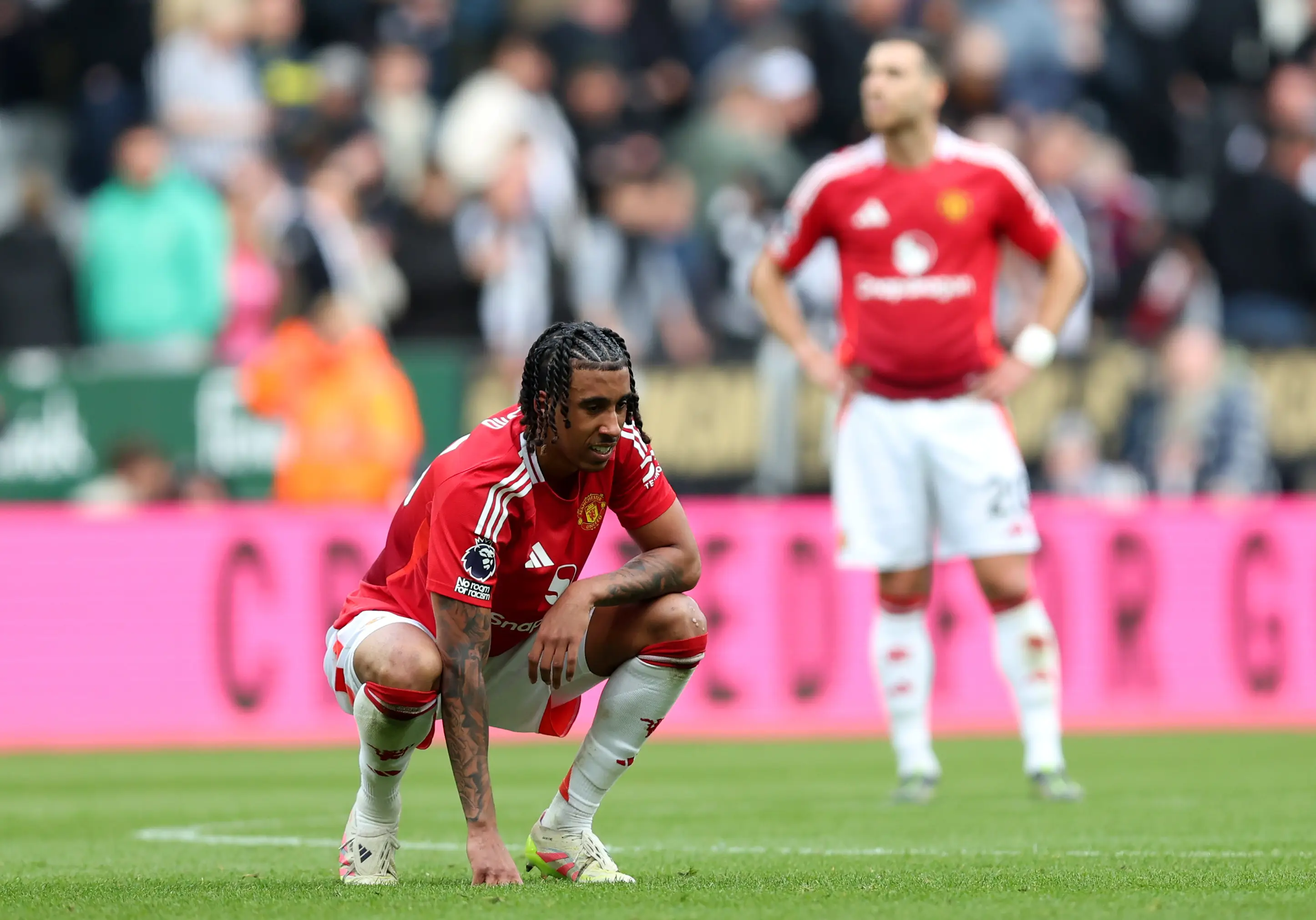 Leny Yoro cuts a dejected figure after Manchester United's defeat to Newcastle United. Image: Getty 