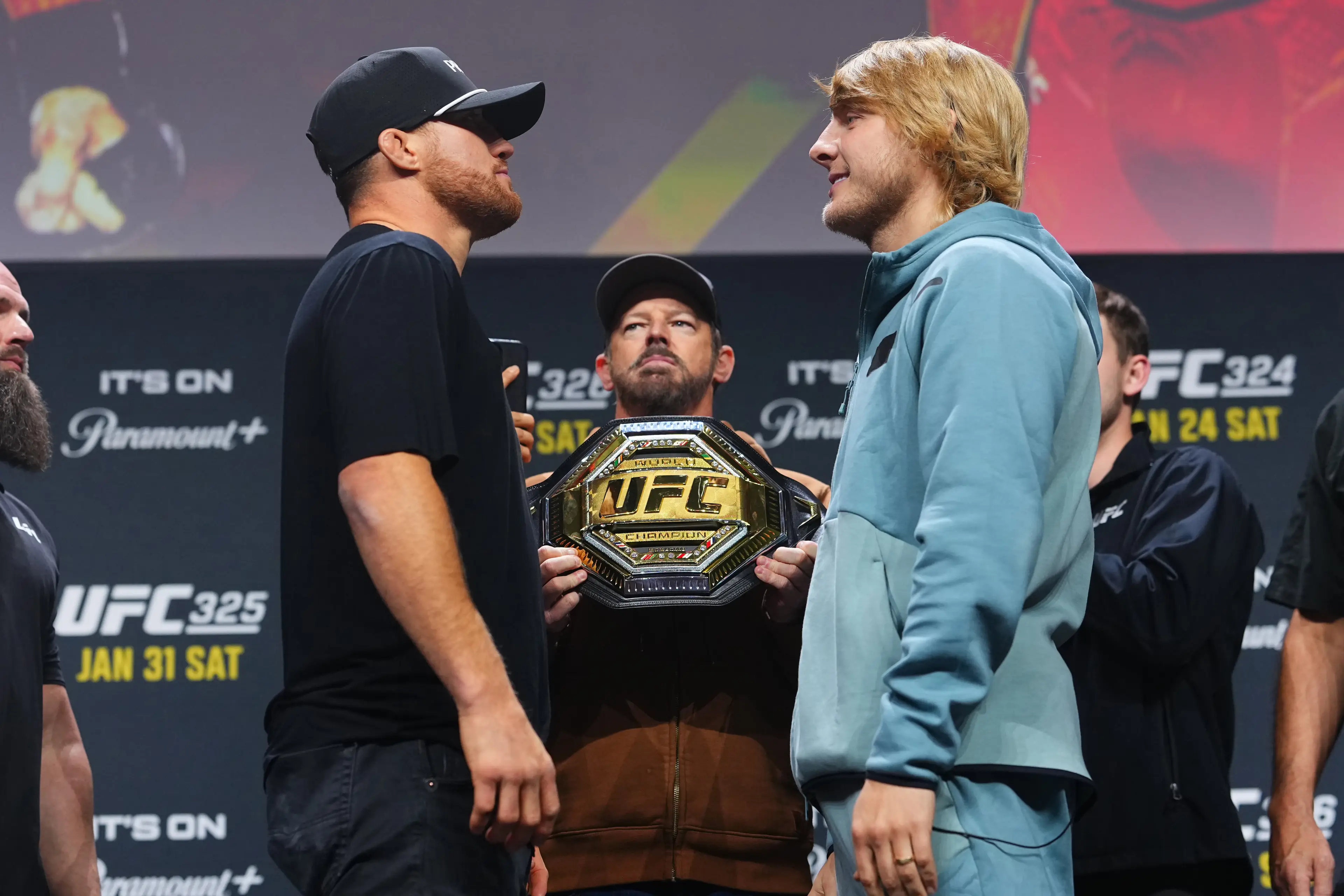 Paddy Pimblett faces off against Justin Gaethje at UFC's seasonal presser. Image: Getty 