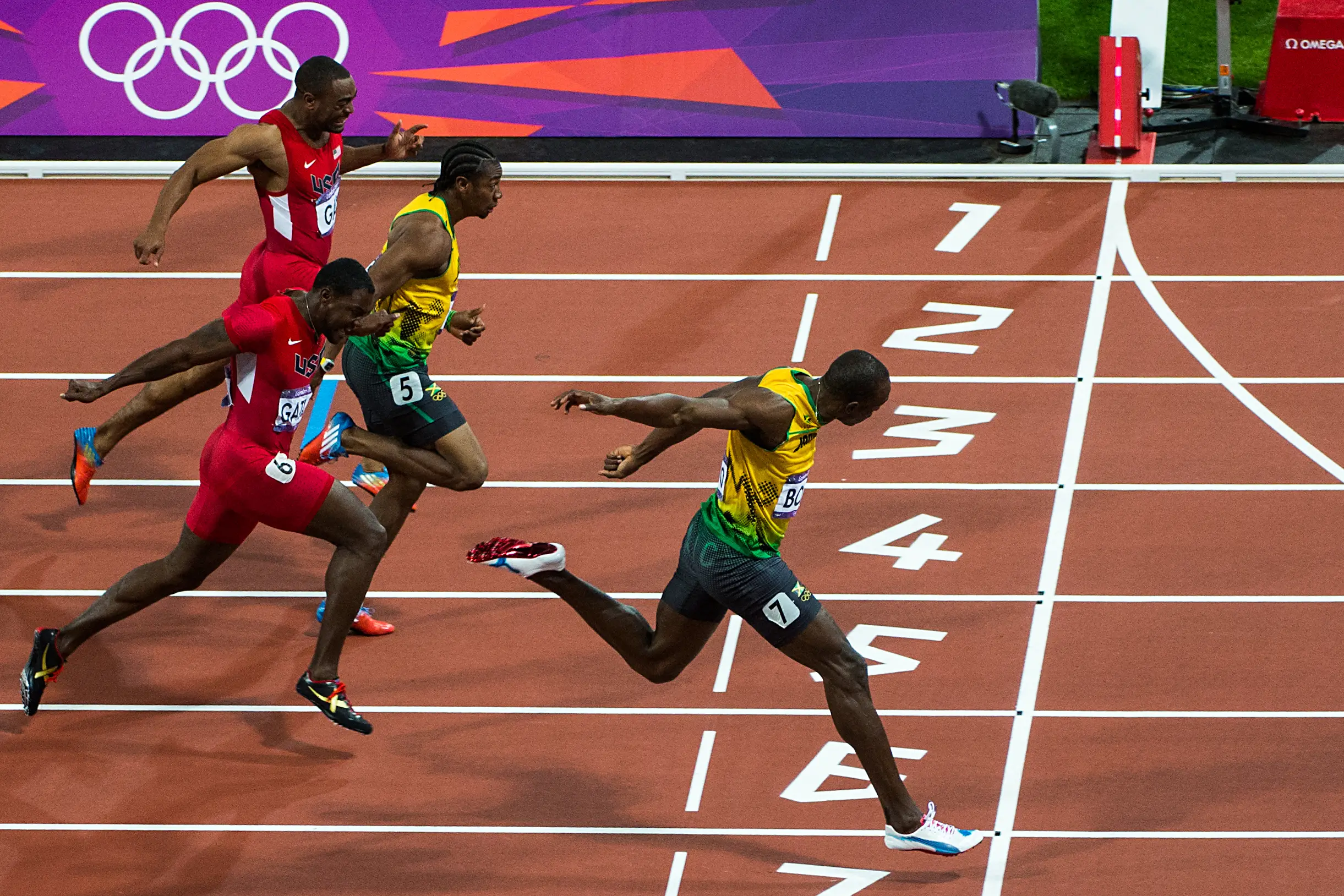 Bolt wins the 100m final in London. Image credit: Getty