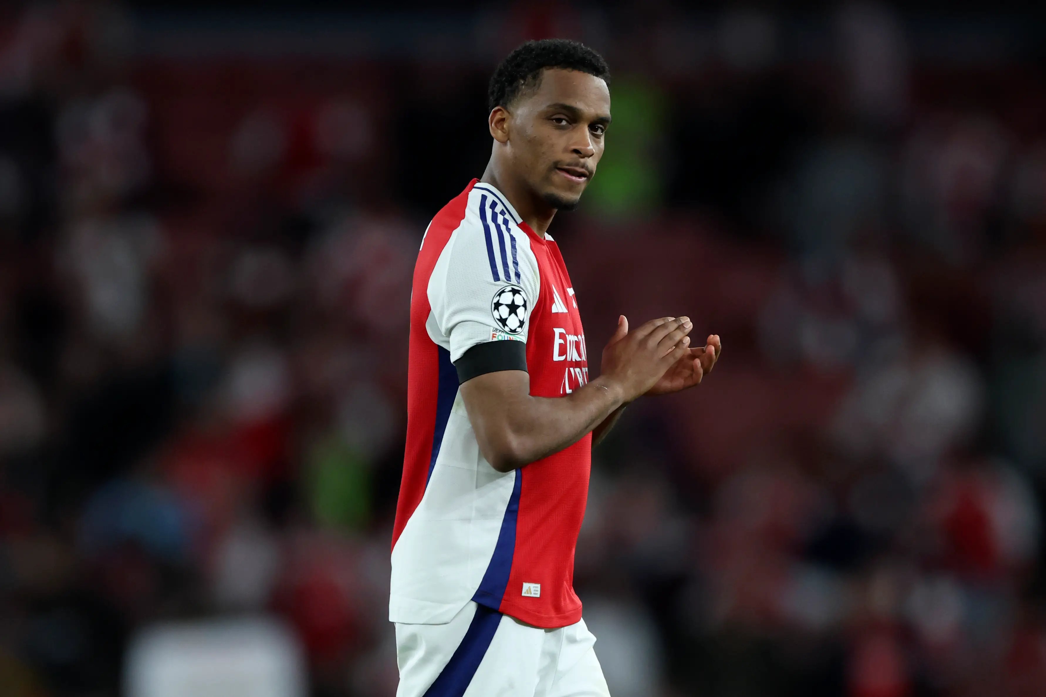 Jurrien Timber endured a tough night as Arsenal were beaten by PSG. Image: Getty