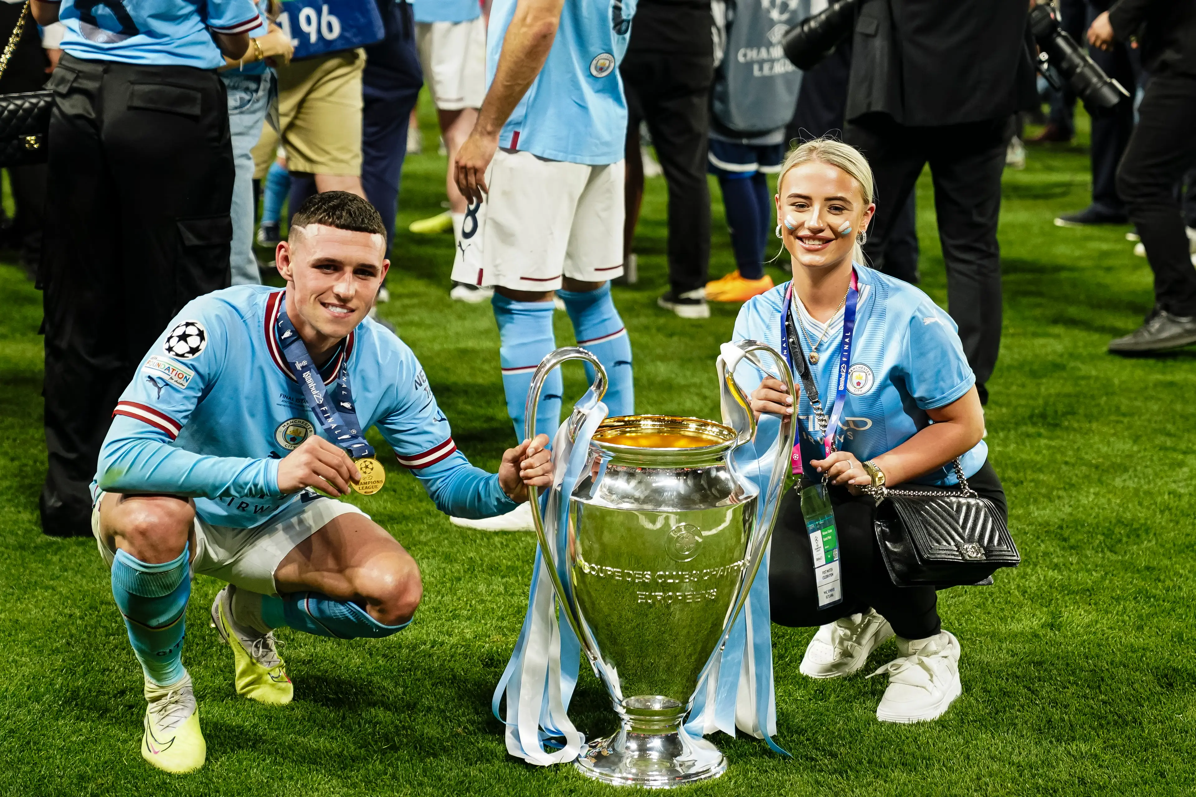 Phil Foden and Rebecca Cooke following Manchester City's Champions League triumph. Image: Getty 