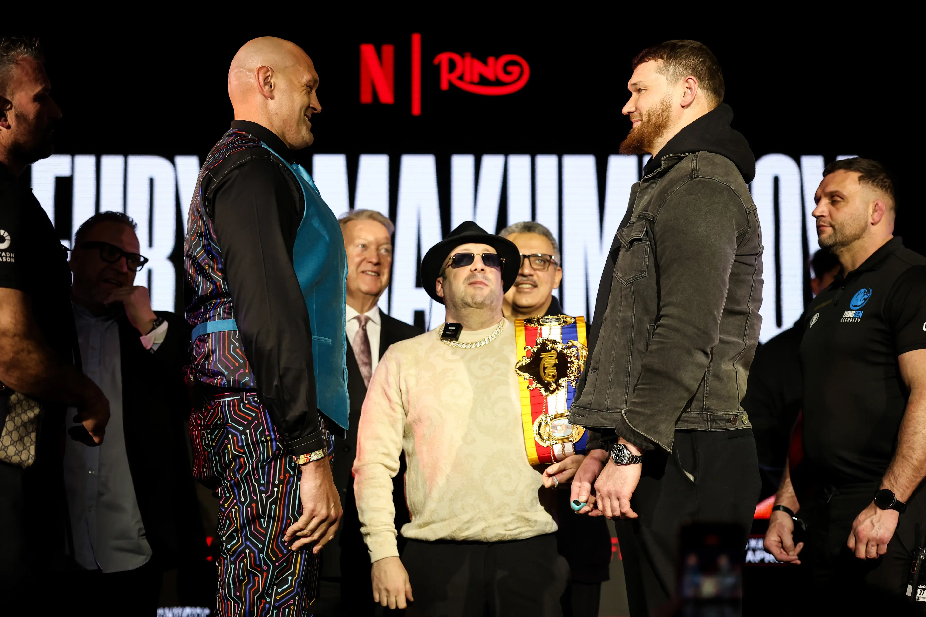 Tyson Fury faces off against Arslan Makhmudov at the launch presser. Image: Getty 
