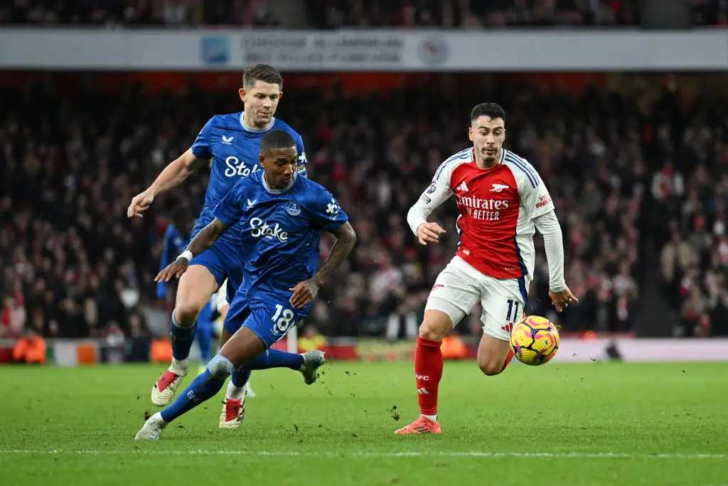 Gabriel Martinelli battles with Ashley Young during Arsenal's 0-0 draw with Everton (Image: Getty)