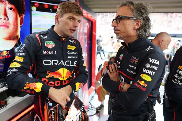 Max Verstappen and Red Bull team principal Laurent Mekies pictured (Image: Getty)