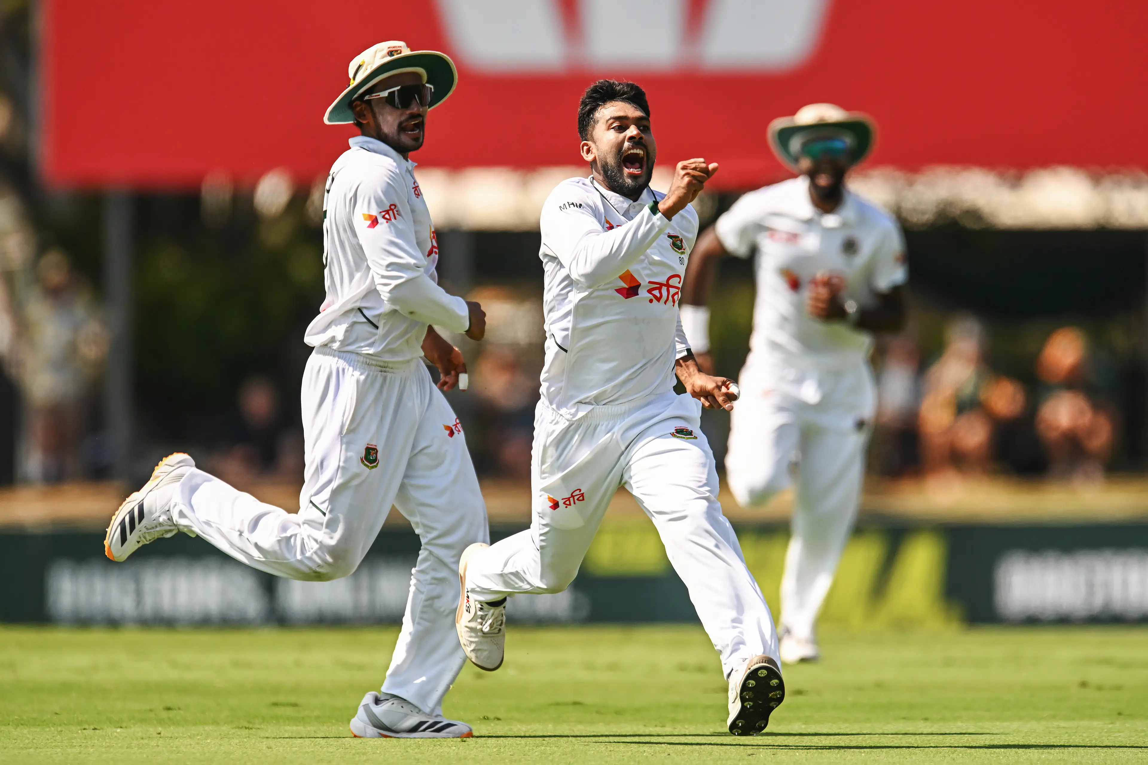 Mehidy Hasan Miraz of Bangladesh celebrates bowling Beau Webster of Australia during day four of the First Test Match in the series between Australia and Bangladesh at Marrara Stadium on August 16, 2026 in Darwin, Australia. Getty Images