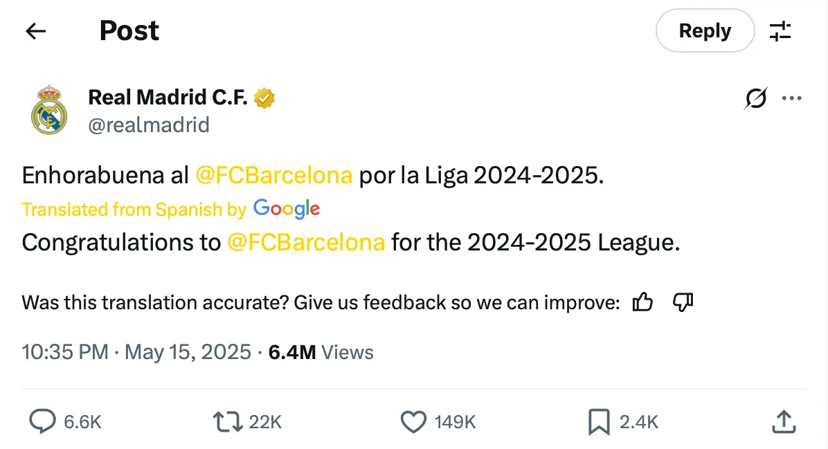 Real Madrid were quick to congratulate Barcelona. Image: X/@realmadrid