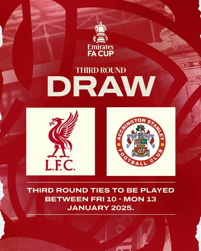 Liverpool host Accrington Stanley in the FA Cup third round. Image: X/Liverpool 