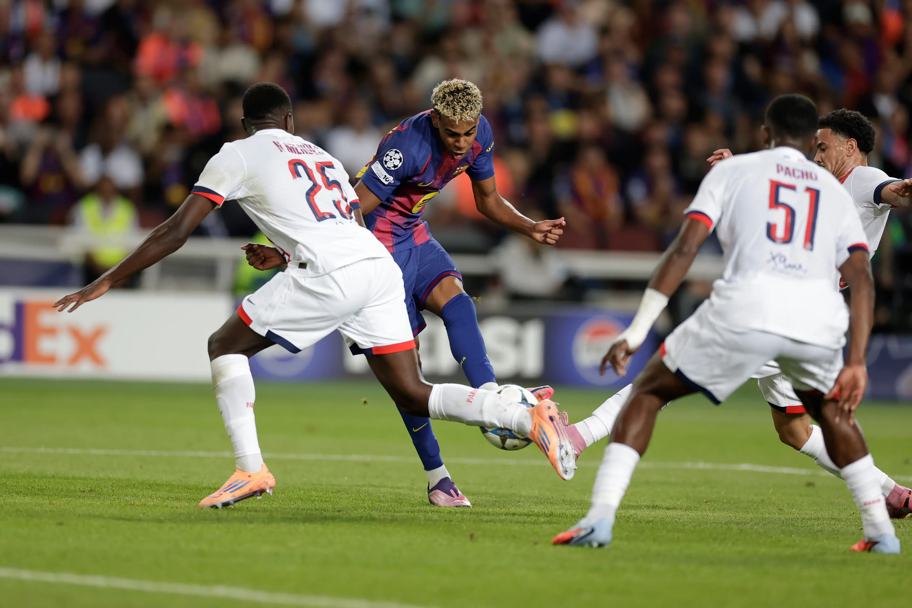 Lamine Yamal in action against Paris Saint-Germain. Image: Getty 